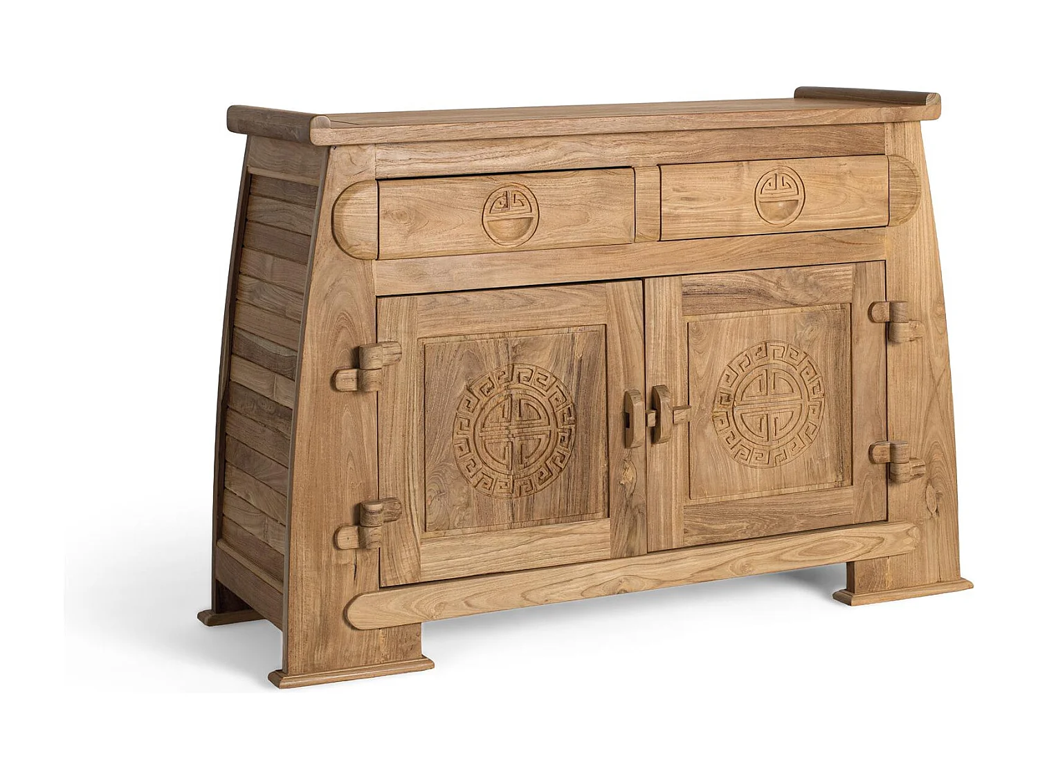 Credenza in teak massello con cassetti e ante intagliate in stile orientale.