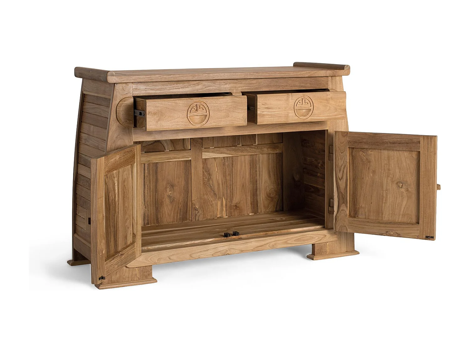 Credenza in teak massello con cassetti e ante intagliate in stile orientale.