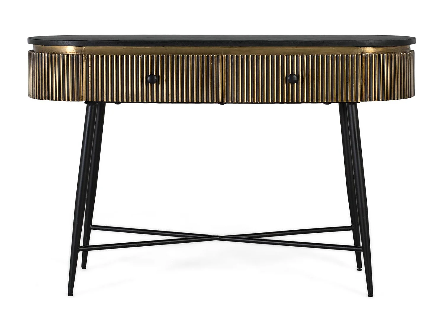 Console avec plateau en bois recouvert de feuilles de bronze