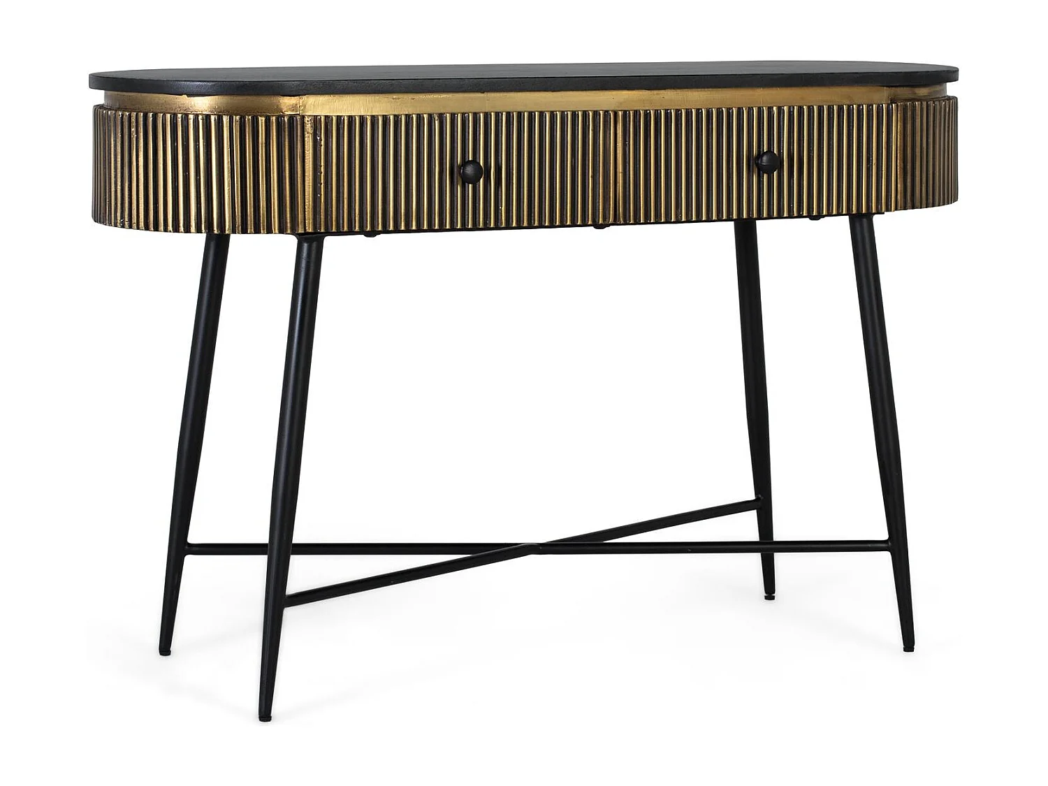 Console avec plateau en bois recouvert de feuilles de bronze