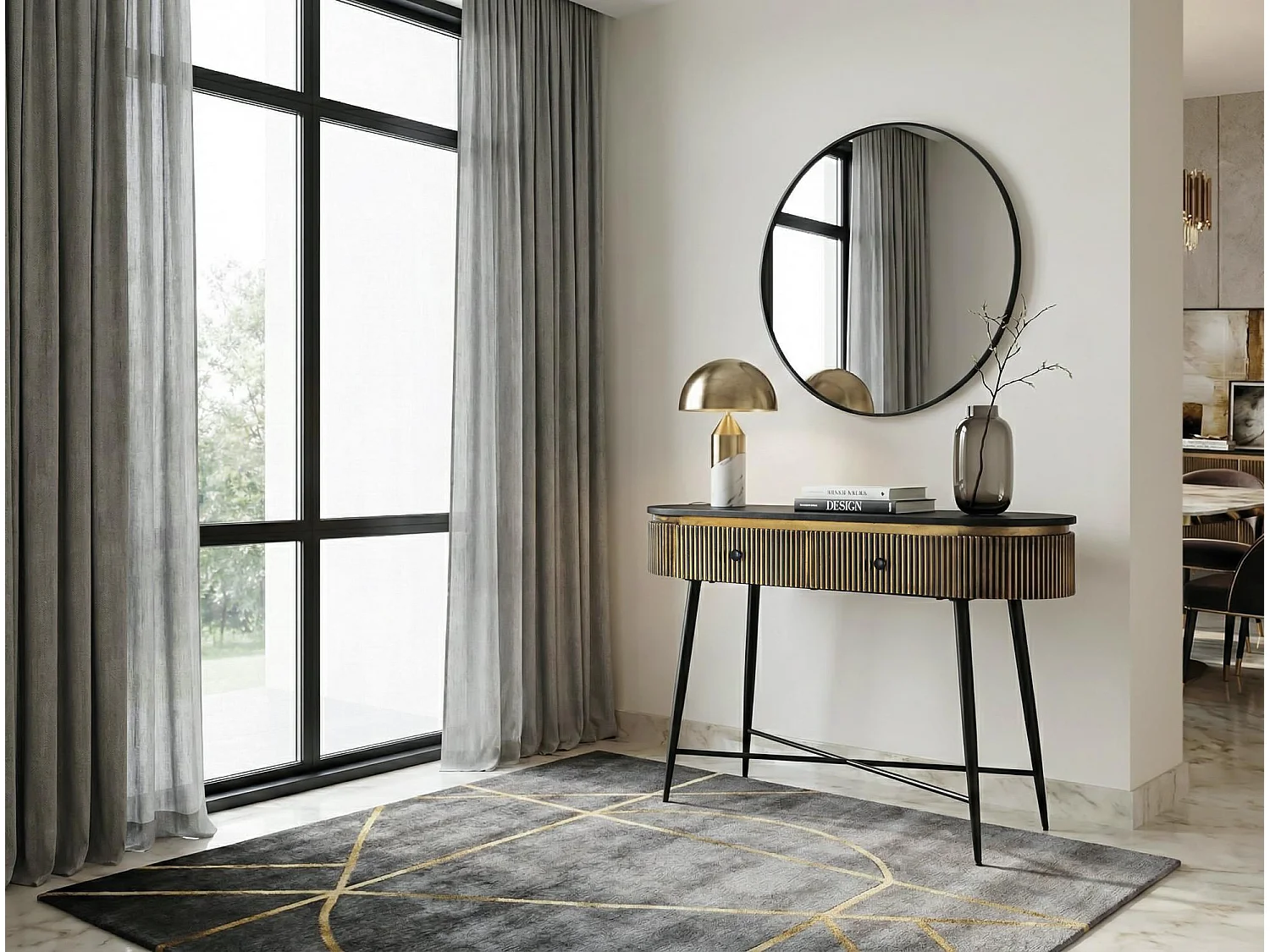 Console avec plateau en bois recouvert de feuilles de bronze