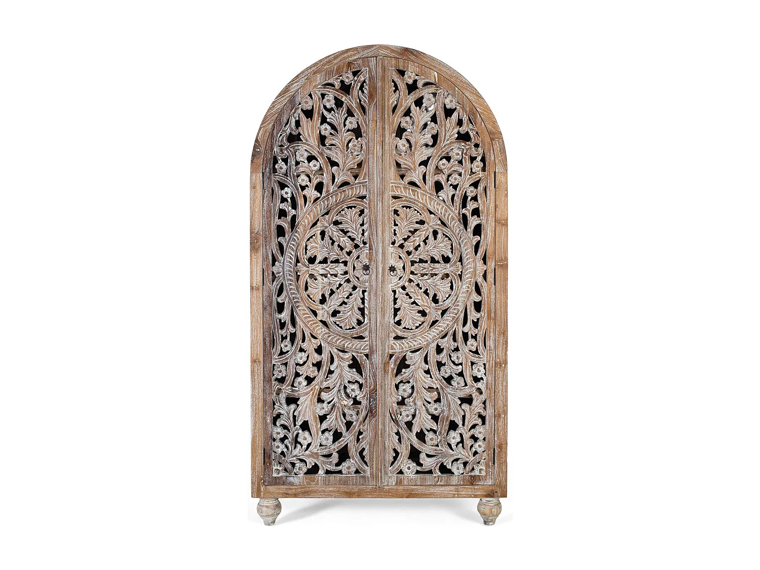 Armoire en teck avec sculpture artisanale et finition blanc lavé