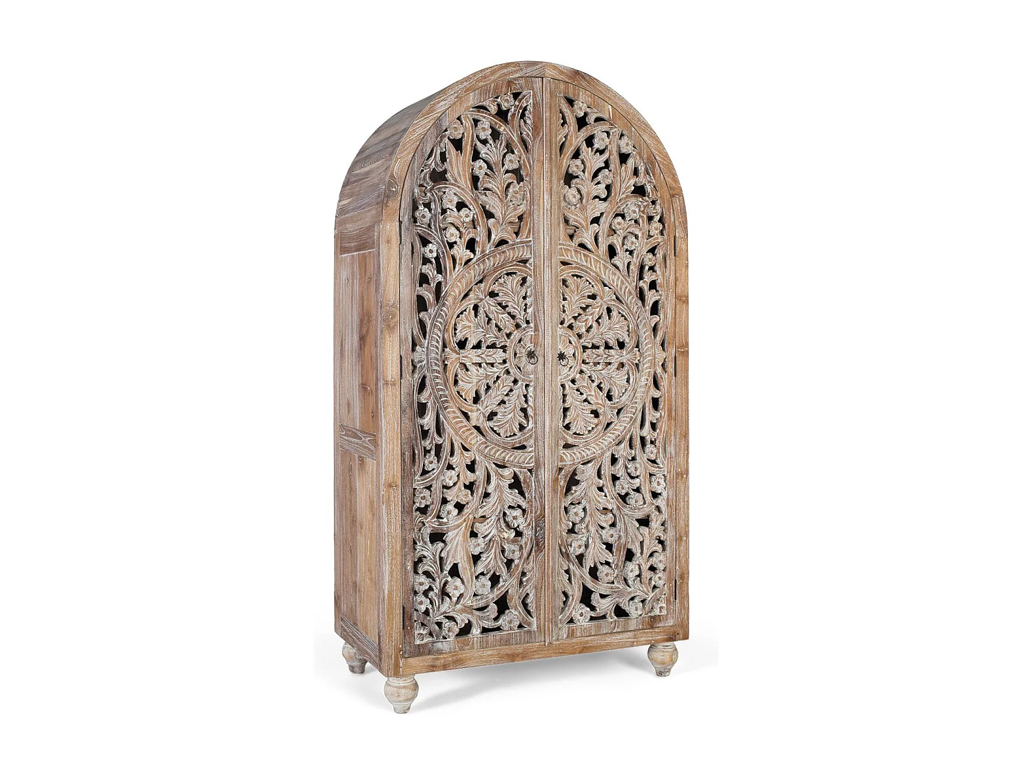 Armoire en teck avec sculpture artisanale et finition blanc lavé