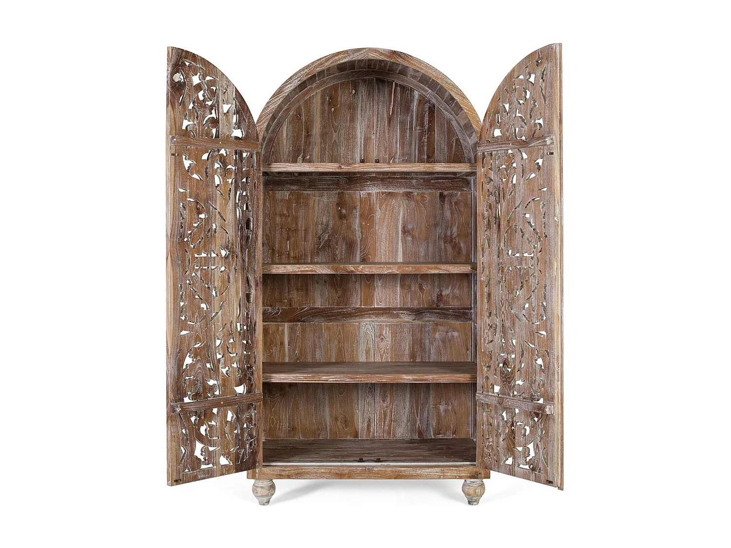 Armoire en teck avec sculpture artisanale et finition blanc lavé