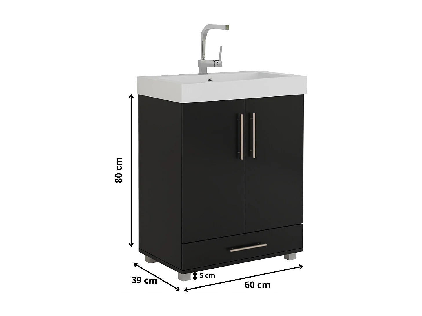 Szafka Łazienkowa Z Umywalką W2 Czarna Czarny Mat 80 x 60 x 39 CM Stojąca
