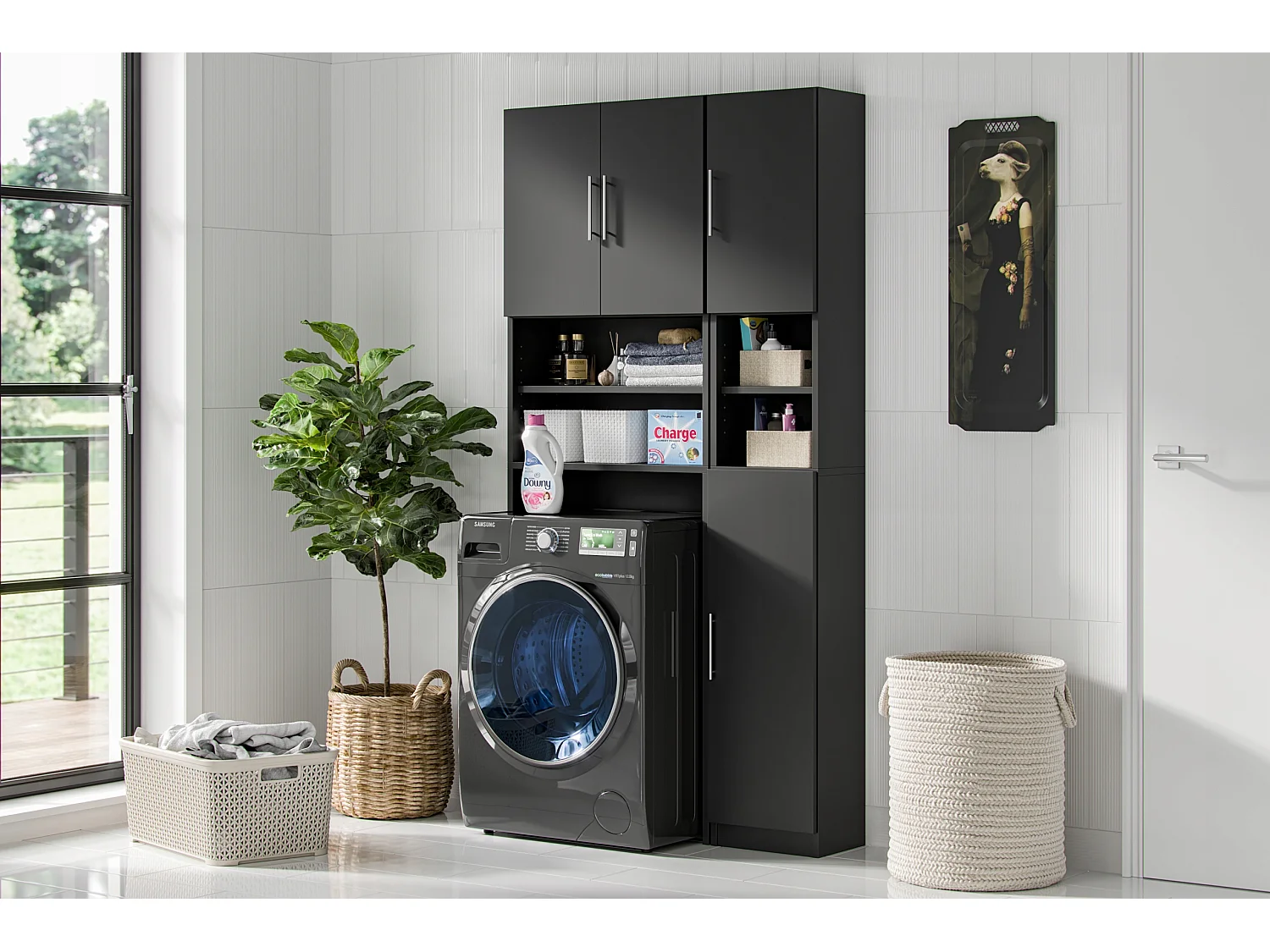 Regał Łazienkowy Szafka Nad Pralkę Do Łazienki Czarny Mat Półki 190 CM