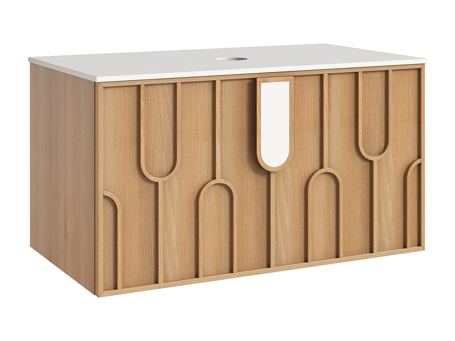 Meuble sous vasque suspendu texturé avec plan en pierre frittée mate - Naturel clair - L90 cm - MERKAN