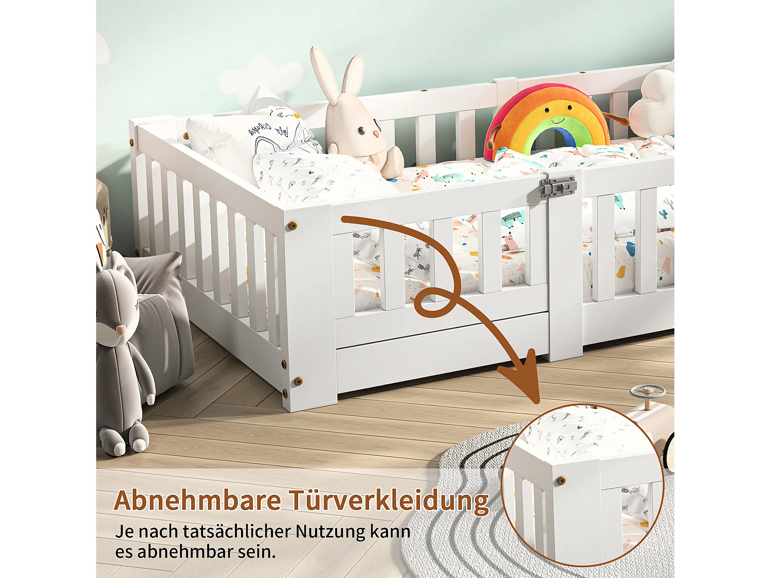 Lit Montessori Pour Enfants 90 X 200 Cm Avec Barrières De Sécurité Et Porte Amovible, Pour Bébés Et Enfants, En Bois Massif, Blanc