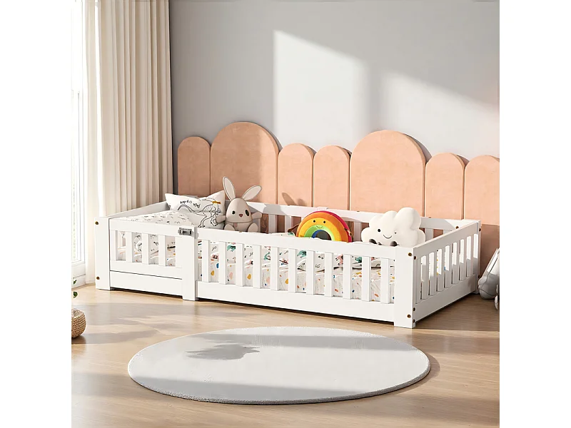 Lit Montessori Pour Enfants 90 X 200 Cm Avec Barrières De Sécurité Et Porte Amovible, Pour Bébés Et Enfants, En Bois Massif, Blanc