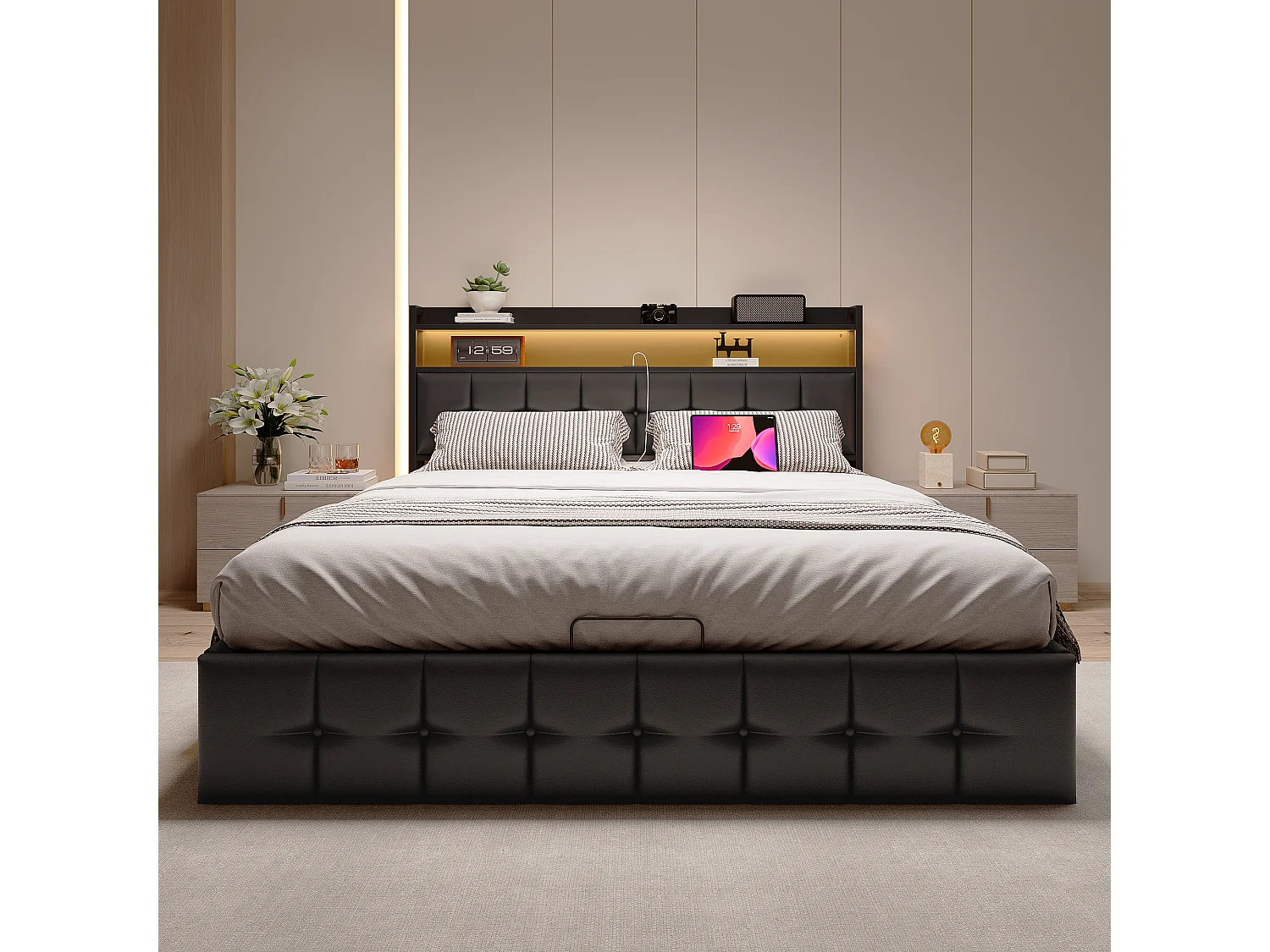 Opbergbed van 160x200 cm met veelkleurige ledverlichting, hoofdbord met opbergruimte, USB- en Type-C-poorten – PU – Zwart
