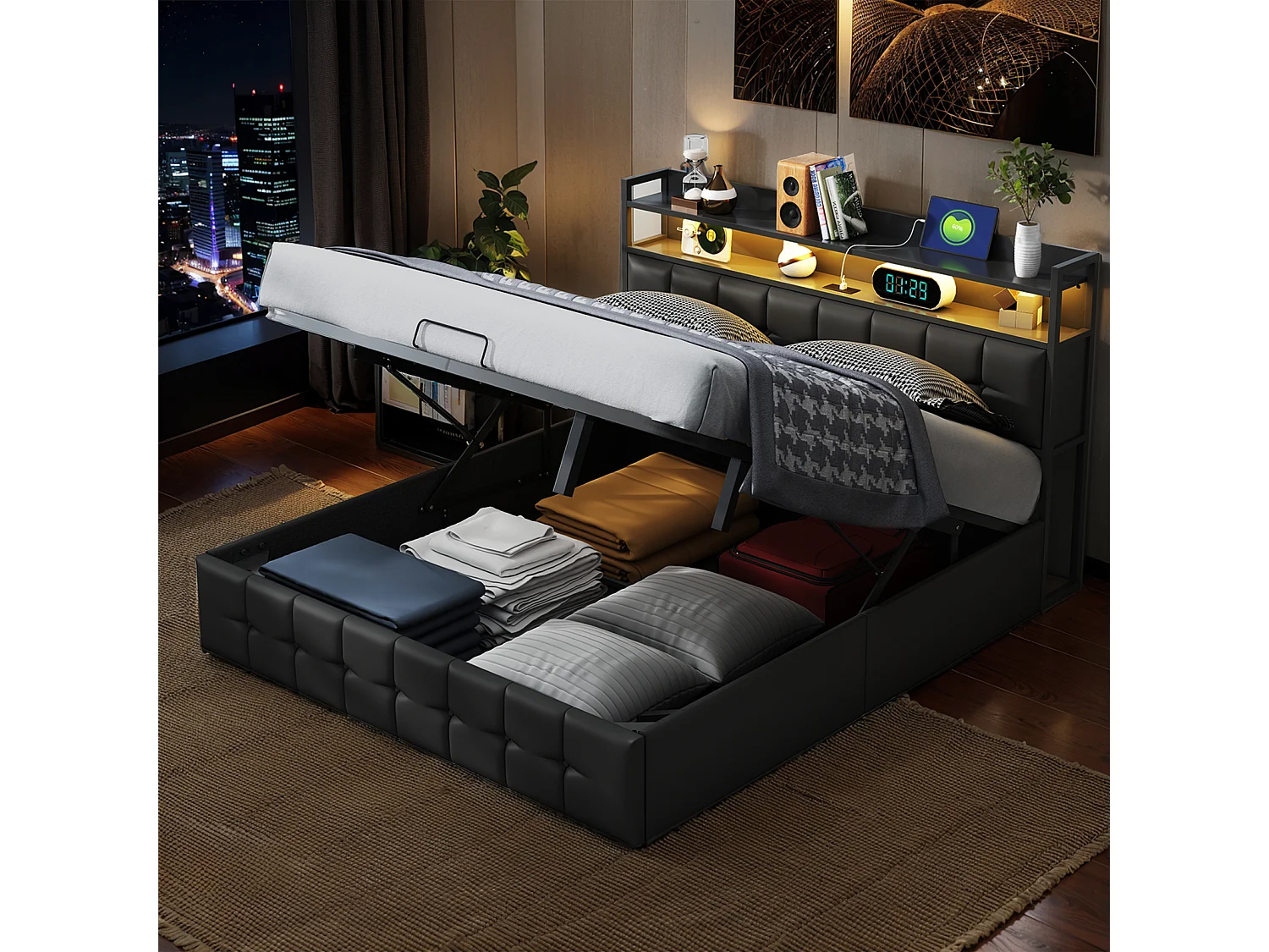 Opbergbed van 160x200 cm met veelkleurige ledverlichting, hoofdbord met opbergruimte, USB- en Type-C-poorten – PU – Zwart