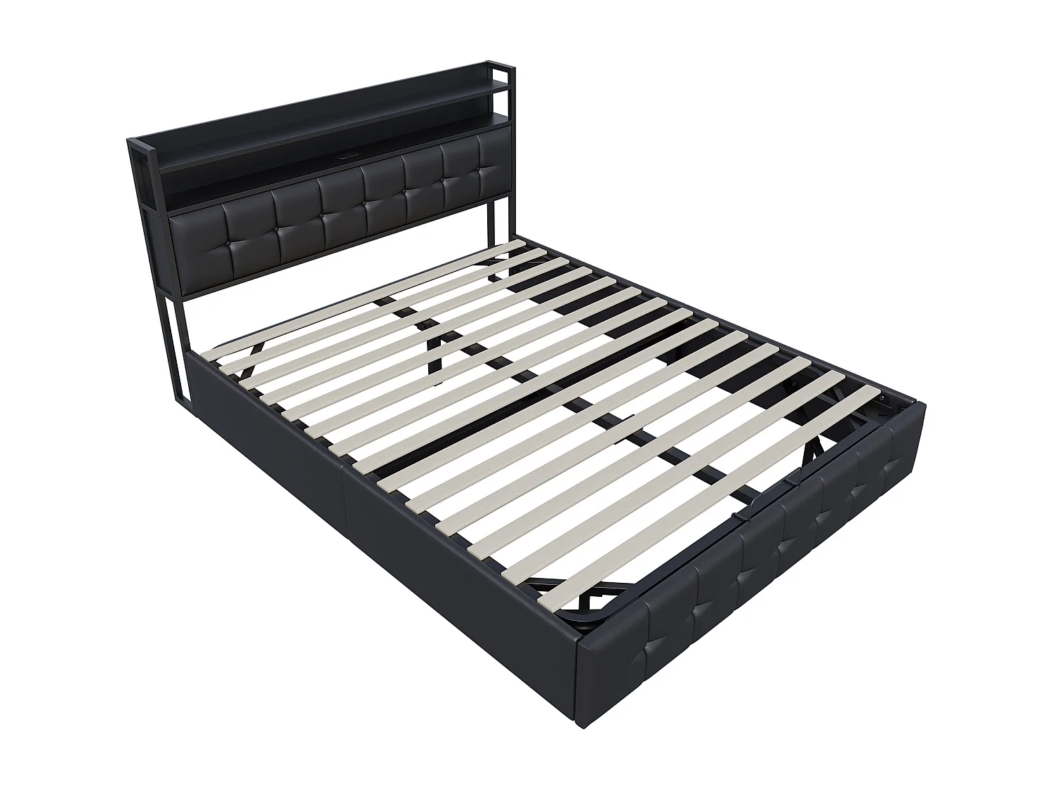 Opbergbed van 160x200 cm met veelkleurige ledverlichting, hoofdbord met opbergruimte, USB- en Type-C-poorten – PU – Zwart