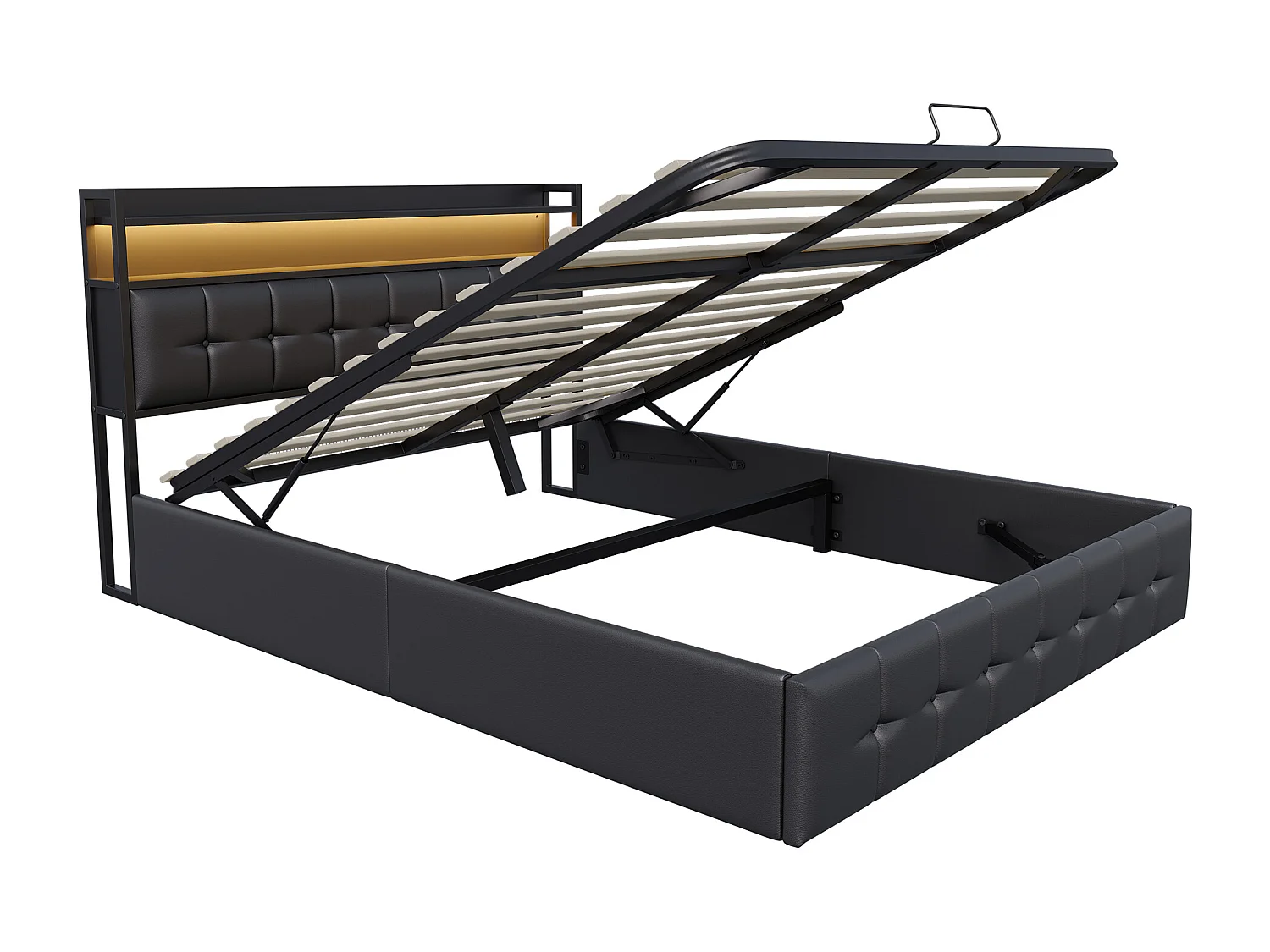 Opbergbed van 160x200 cm met veelkleurige ledverlichting, hoofdbord met opbergruimte, USB- en Type-C-poorten – PU – Zwart