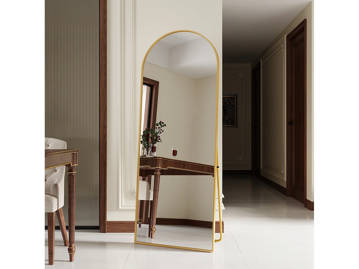 Miroir Sur Pied 165 X 60 Cm, Doré, Design Arqué, Cadre En Aluminium, Verre Trempé, Pour Une Chambre