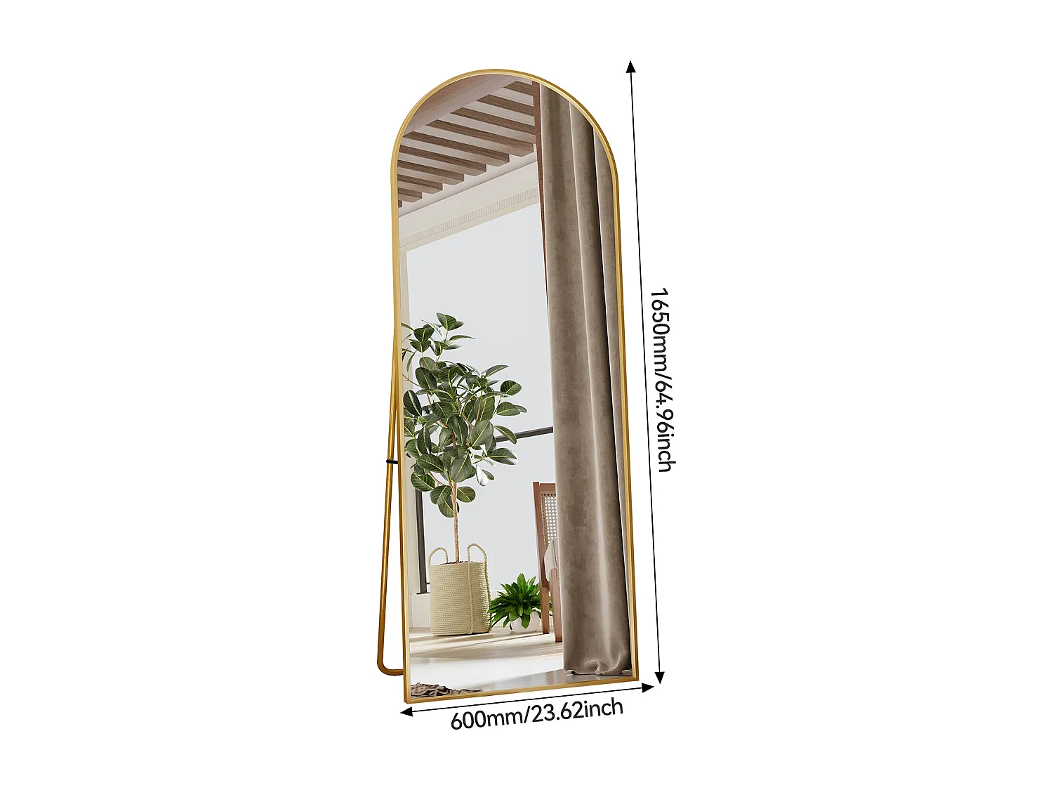 Miroir Sur Pied 165 X 60 Cm, Doré, Design Arqué, Cadre En Aluminium, Verre Trempé, Pour Une Chambre