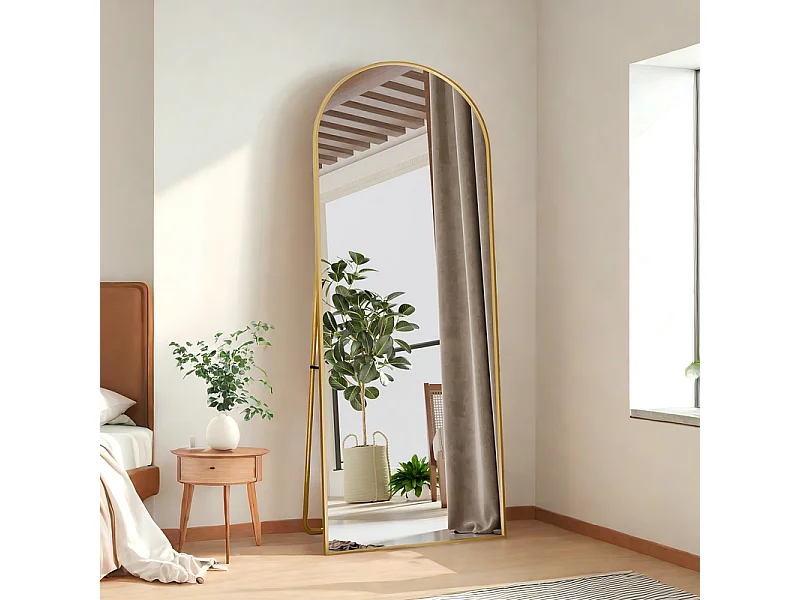 Miroir Sur Pied 165 X 60 Cm, Doré, Design Arqué, Cadre En Aluminium, Verre Trempé, Pour Une Chambre