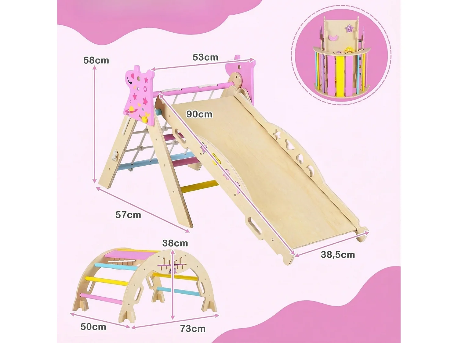Set da arrampicata Montessori triangolo da arrampicata in legno con rampa ad arco e arrampicatore struttura da arrampicata pieghevole set natura + macaron