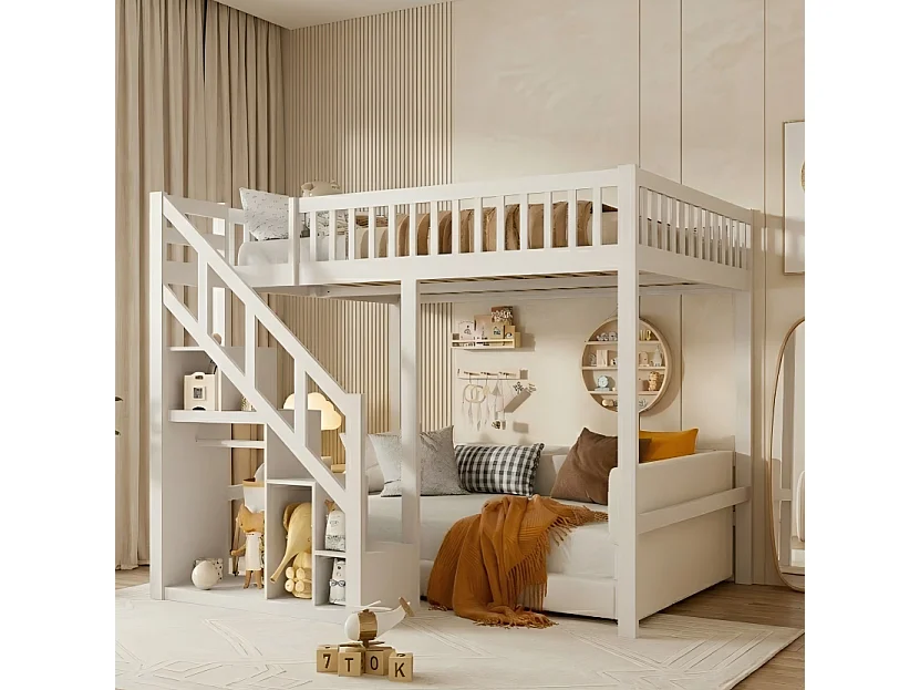 Lit Superposé Enfant 140x200 cm avec Échelle,Barrière de Sécurité et Espace de Rangement,Structure de Lit pour Chambre d'Enfant,Bois Massif,Blanc