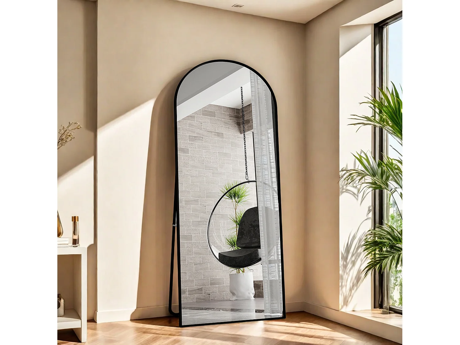Grand Miroir Sur Pied 180 X 80 Cm, Design Incurvé, Cadre En Aluminium, Verre Trempé Offrant Une Vue Panoramique, Noir