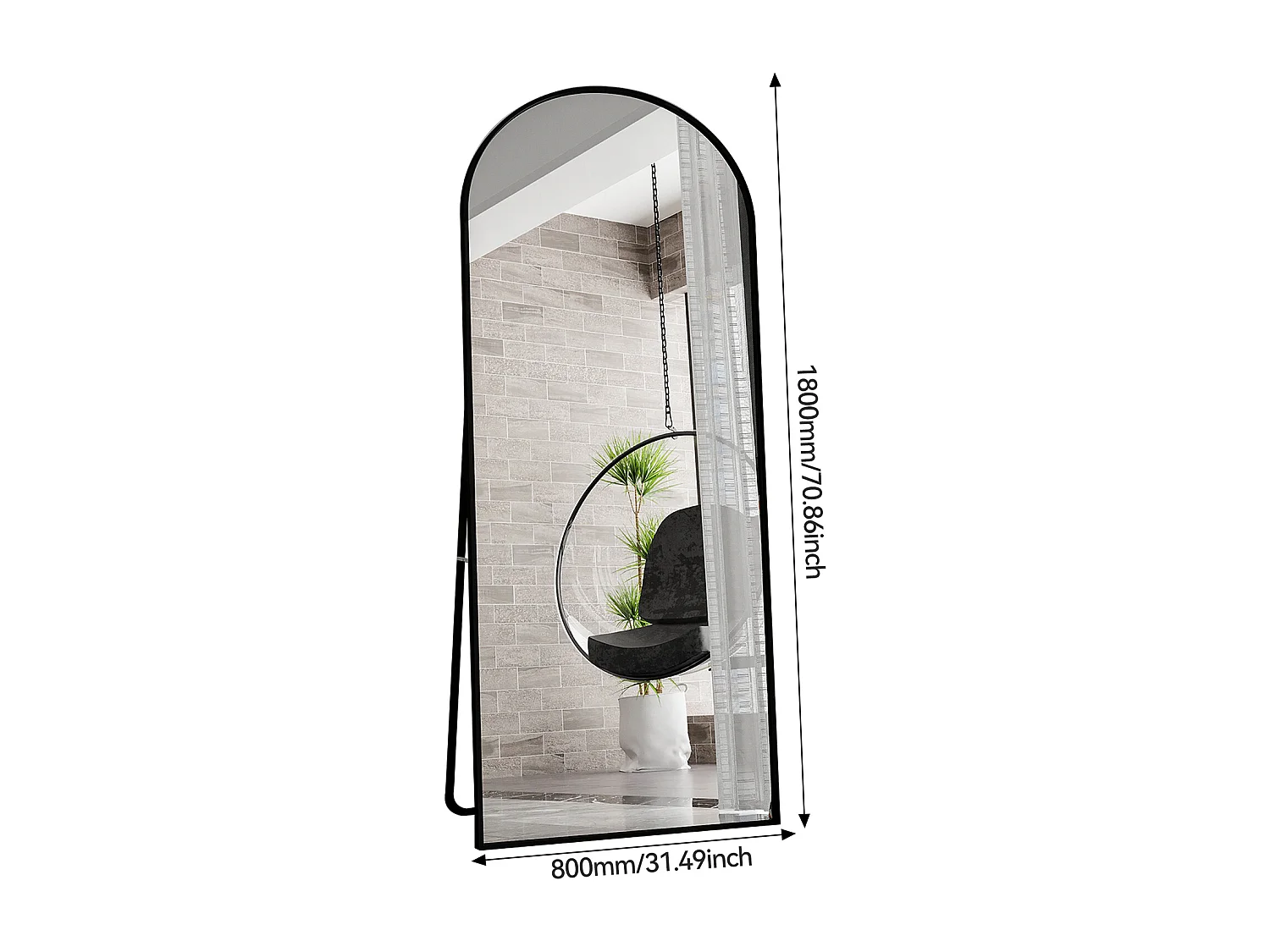 Grand Miroir Sur Pied 180 X 80 Cm, Design Incurvé, Cadre En Aluminium, Verre Trempé Offrant Une Vue Panoramique, Noir