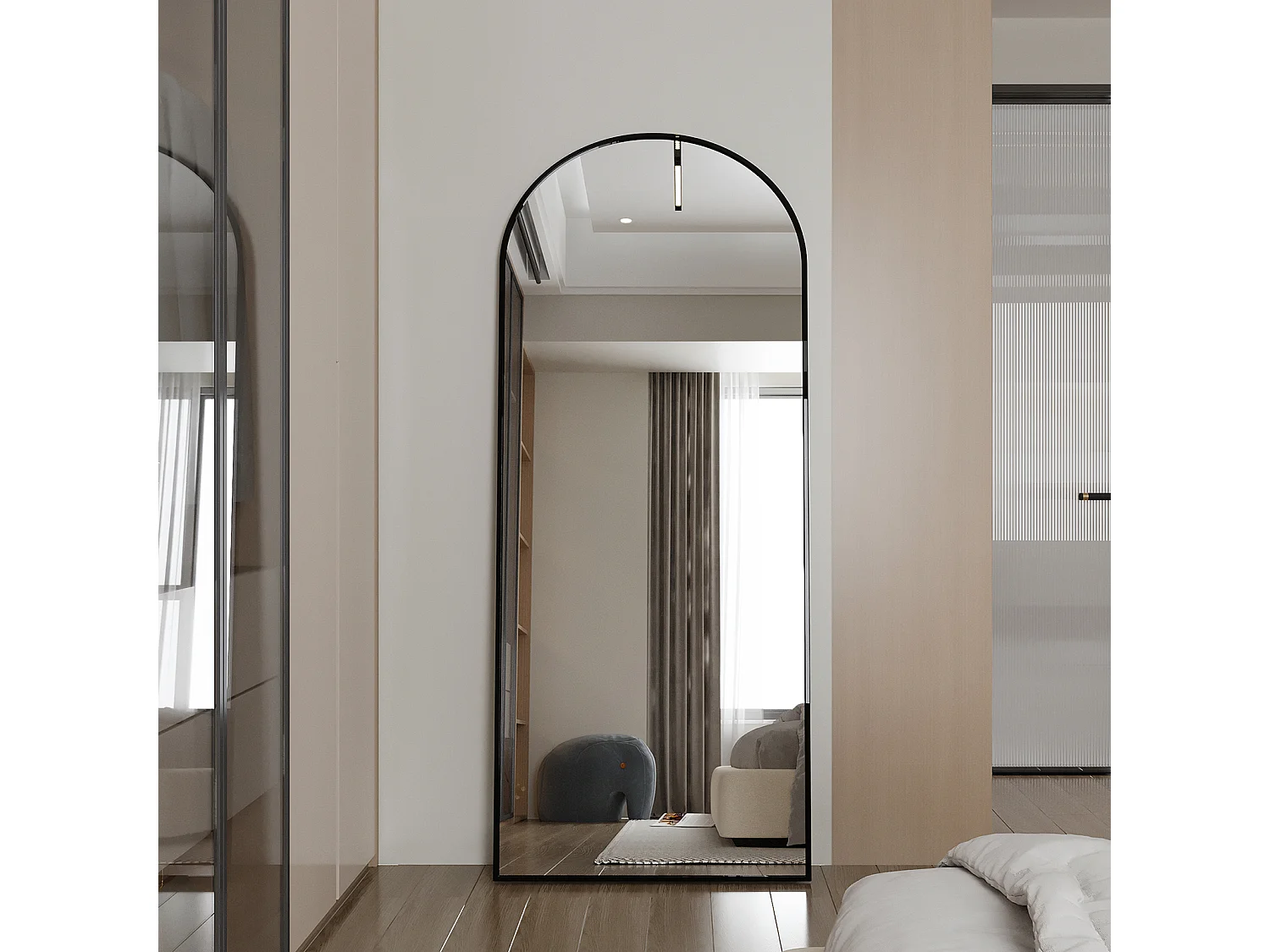 Grand Miroir Sur Pied 180 X 80 Cm, Design Incurvé, Cadre En Aluminium, Verre Trempé Offrant Une Vue Panoramique, Noir