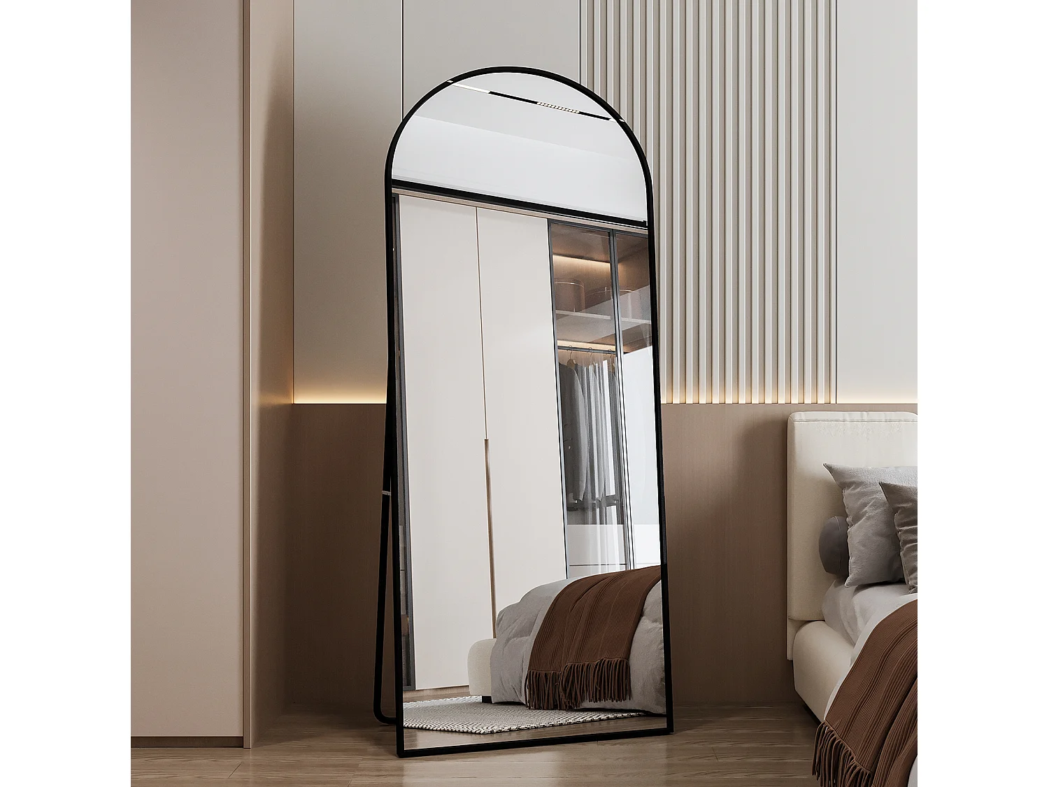 Grand Miroir Sur Pied 180 X 80 Cm, Design Incurvé, Cadre En Aluminium, Verre Trempé Offrant Une Vue Panoramique, Noir