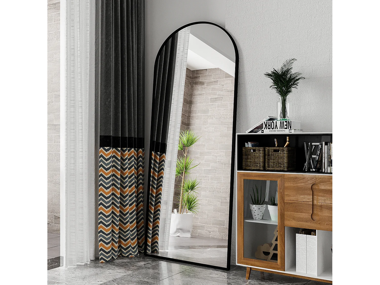 Grand Miroir Sur Pied 180 X 80 Cm, Design Incurvé, Cadre En Aluminium, Verre Trempé Offrant Une Vue Panoramique, Noir