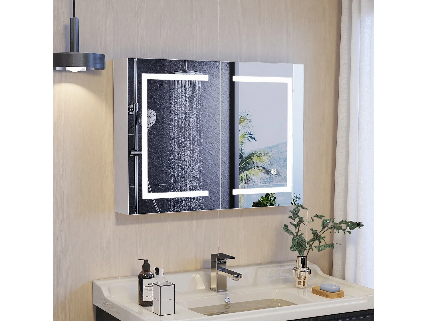 Meuble de Salle de Bain avec Miroir et Éclairage LED,Miroir HD à Double Porte,Étagère Réglable,Interrupteur Tactile,80 x 13,5 x 60 cm