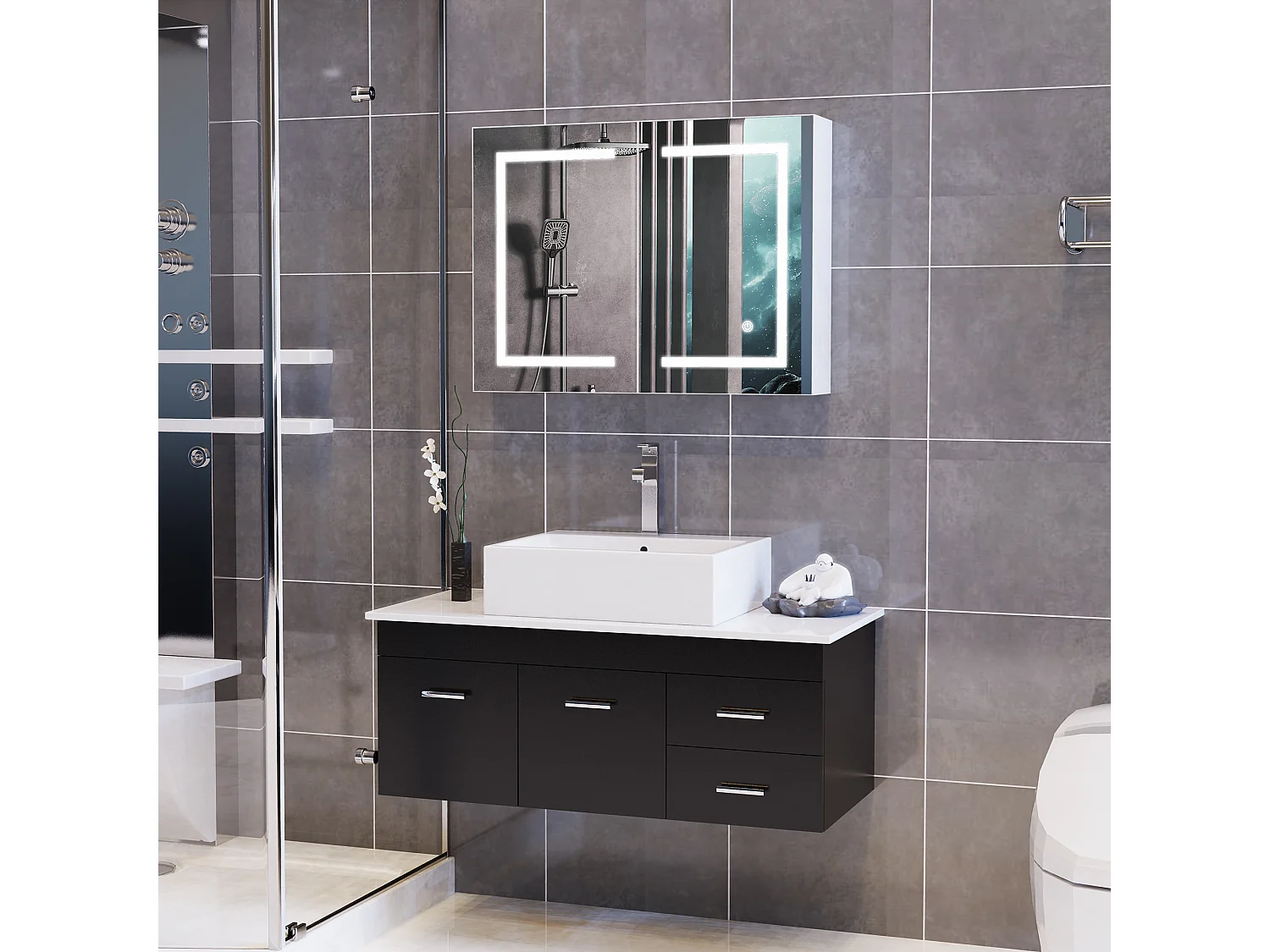Meuble de Salle de Bain avec Miroir et Éclairage LED,Miroir HD à Double Porte,Étagère Réglable,Interrupteur Tactile,80 x 13,5 x 60 cm