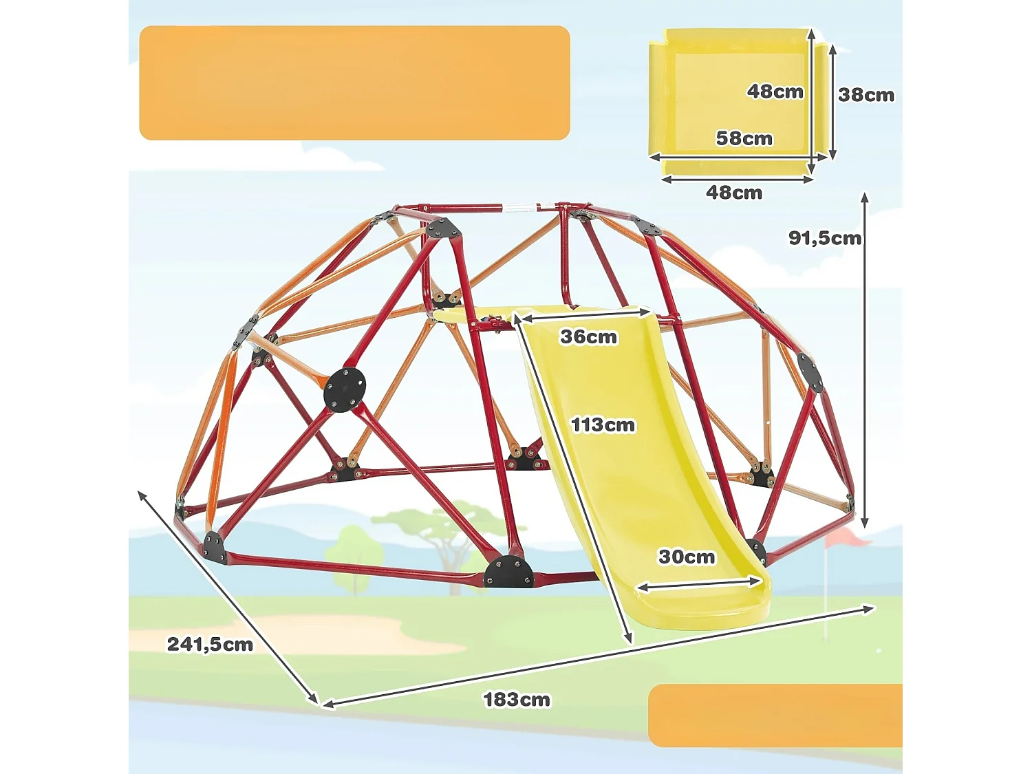 Cupola di arrampicata con scivolo e piattaforma in tessuto e capacità di carico di 180 kg Struttura di arrampicata a forma di cupola arancione + rossa
