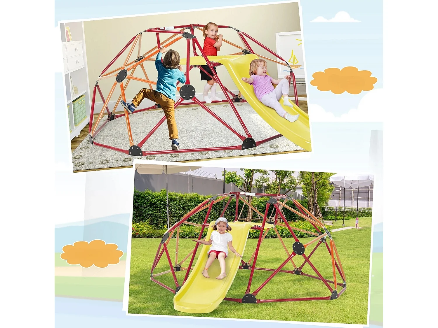 Cupola di arrampicata con scivolo e piattaforma in tessuto e capacità di carico di 180 kg Struttura di arrampicata a forma di cupola arancione + rossa