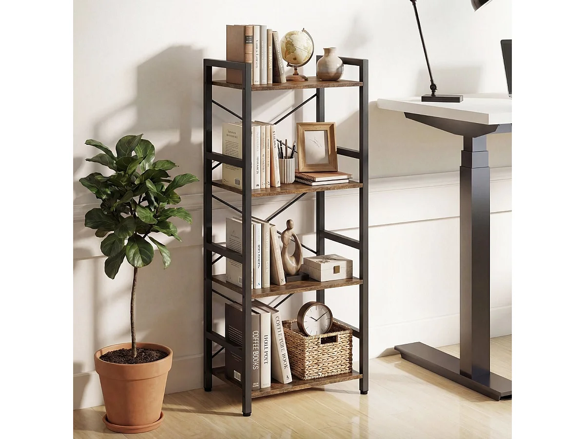 Schmaler Bücherregal 4-stöckiges freistehendes Standregal mit robustem Metallrahmen Rustikal Braun