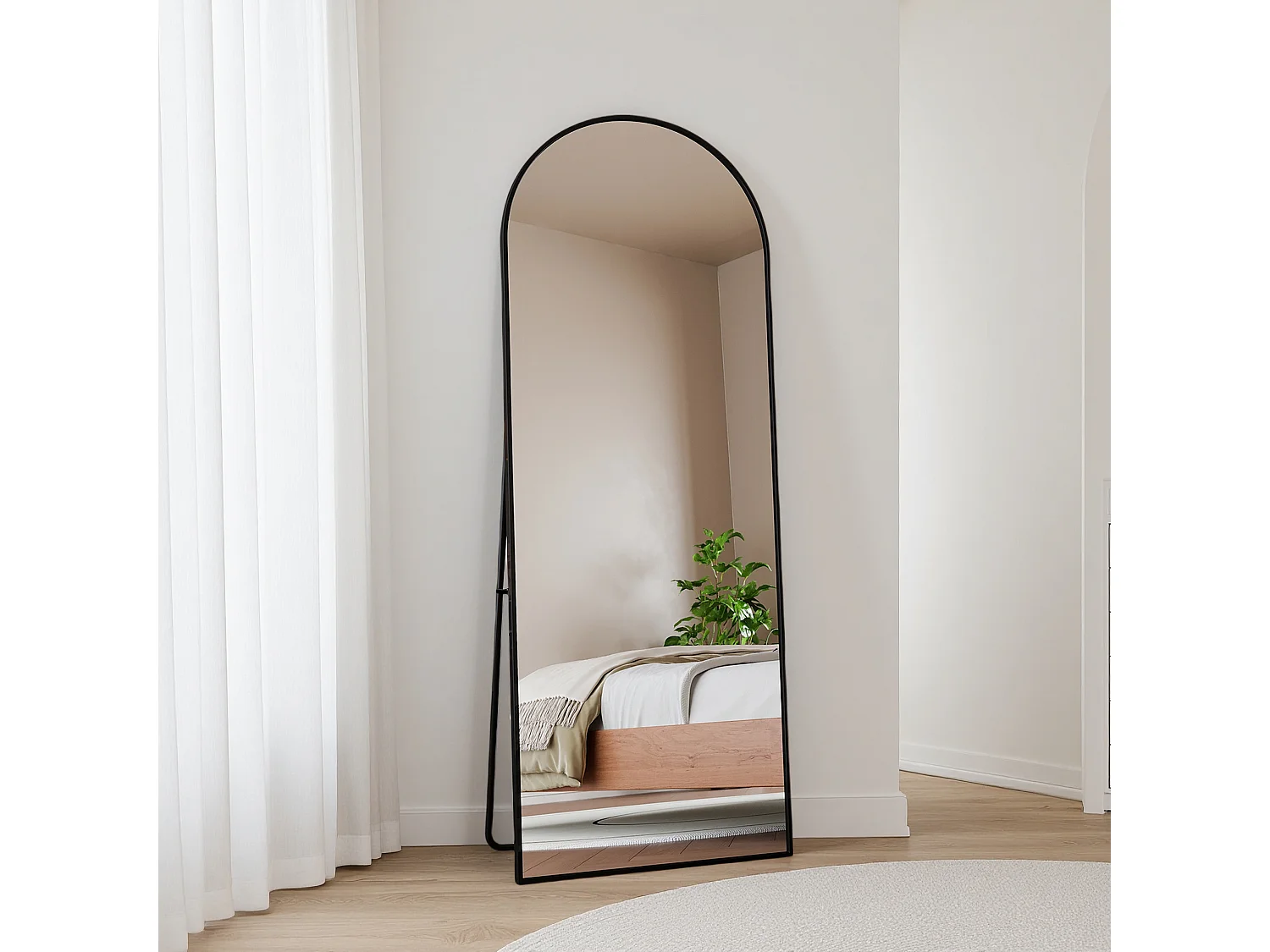 Miroir Sur Pied 162 X 53 Cm, Design Incurvé, Cadre En Alliage D'aluminium, Verre Trempé, Noir