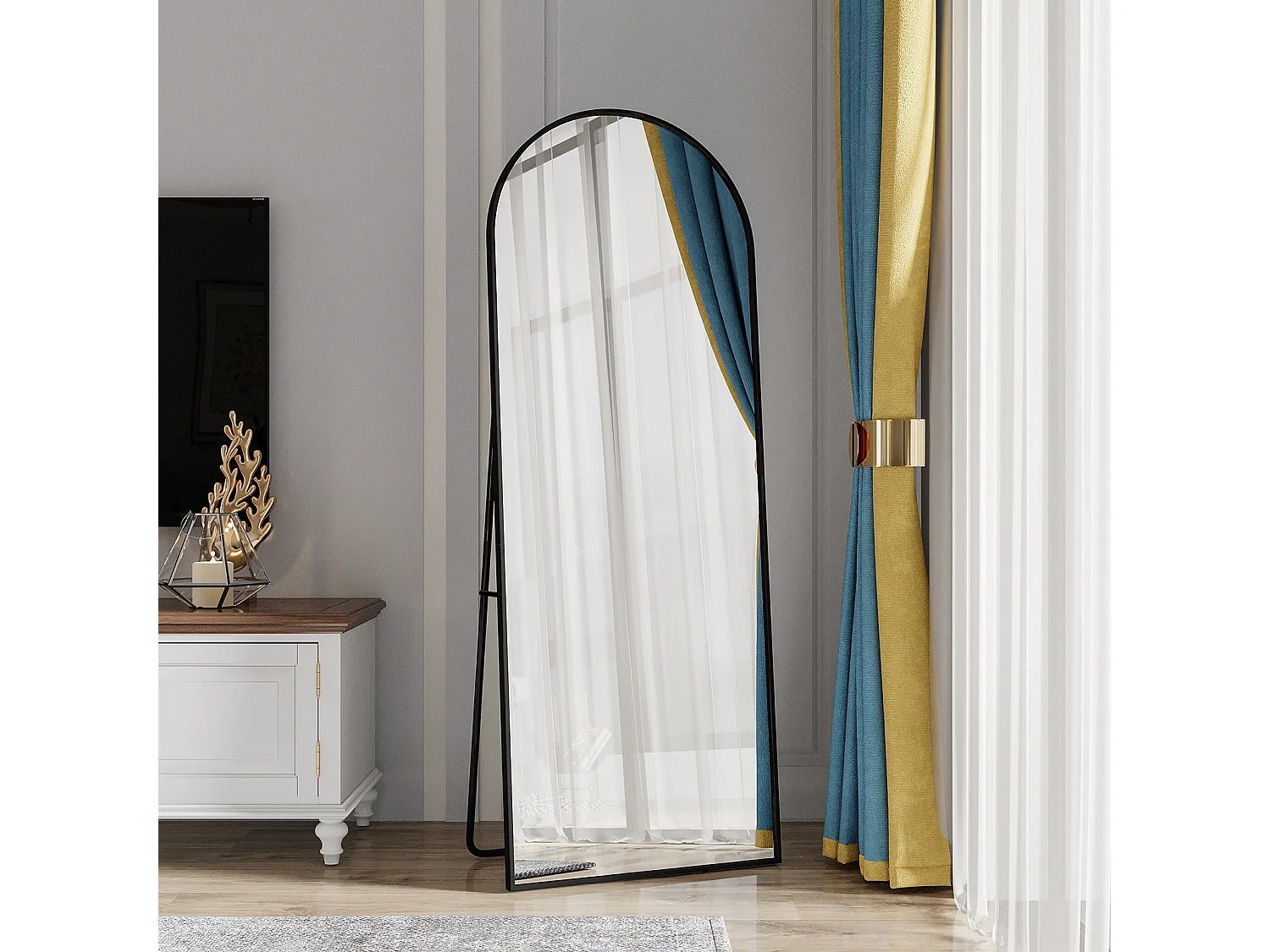 Miroir Sur Pied 162 X 53 Cm, Design Incurvé, Cadre En Alliage D'aluminium, Verre Trempé, Noir