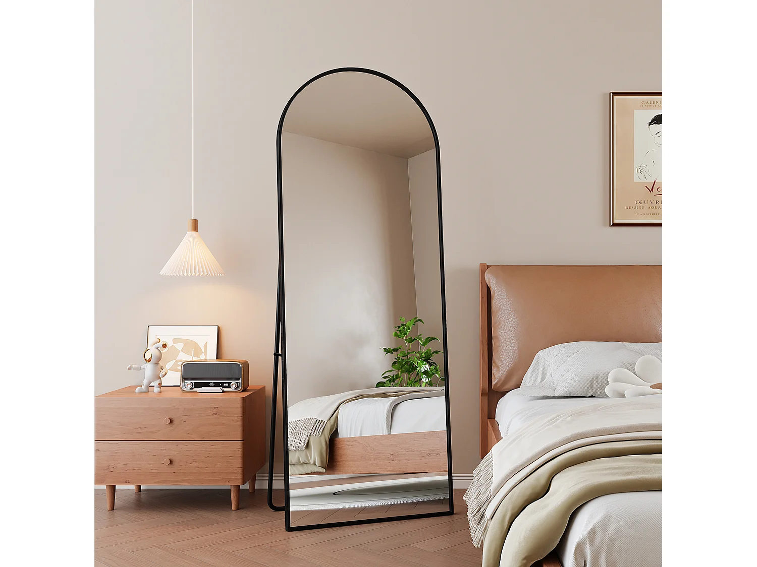 Miroir Sur Pied 162 X 53 Cm, Design Incurvé, Cadre En Alliage D'aluminium, Verre Trempé, Noir