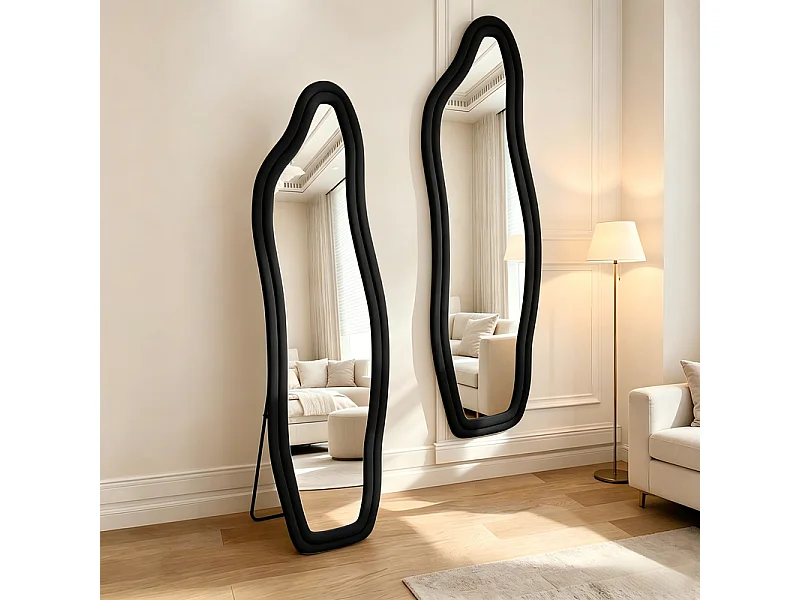 Miroir Sur Pied Irrégulier 160 X 50 Cm, Miroir De Table Ou Mural, Effet Ondulé, Pour Une Chambre, Cadre En Velours Noir