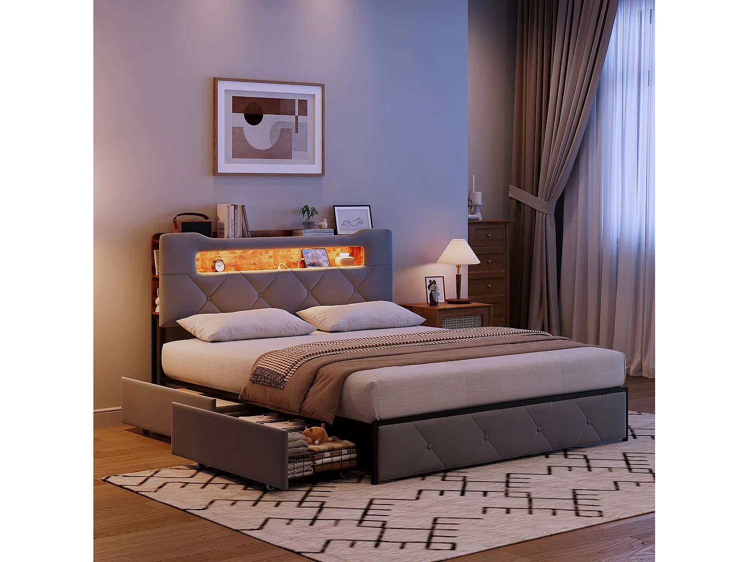 Lit coffre rembourré en velours - avec éclairage LED, port USB et 4 tiroirs - sommier à lattes - 160x200cm - Gris