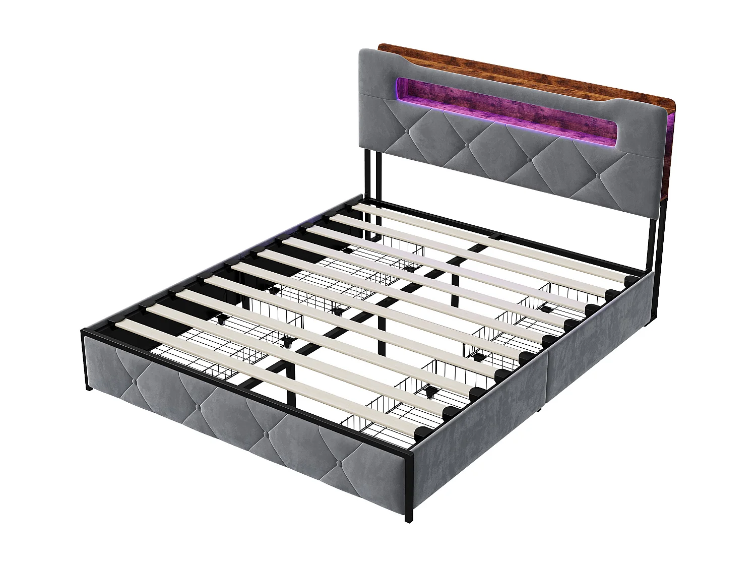 Lit coffre rembourré en velours - avec éclairage LED, port USB et 4 tiroirs - sommier à lattes - 160x200cm - Gris
