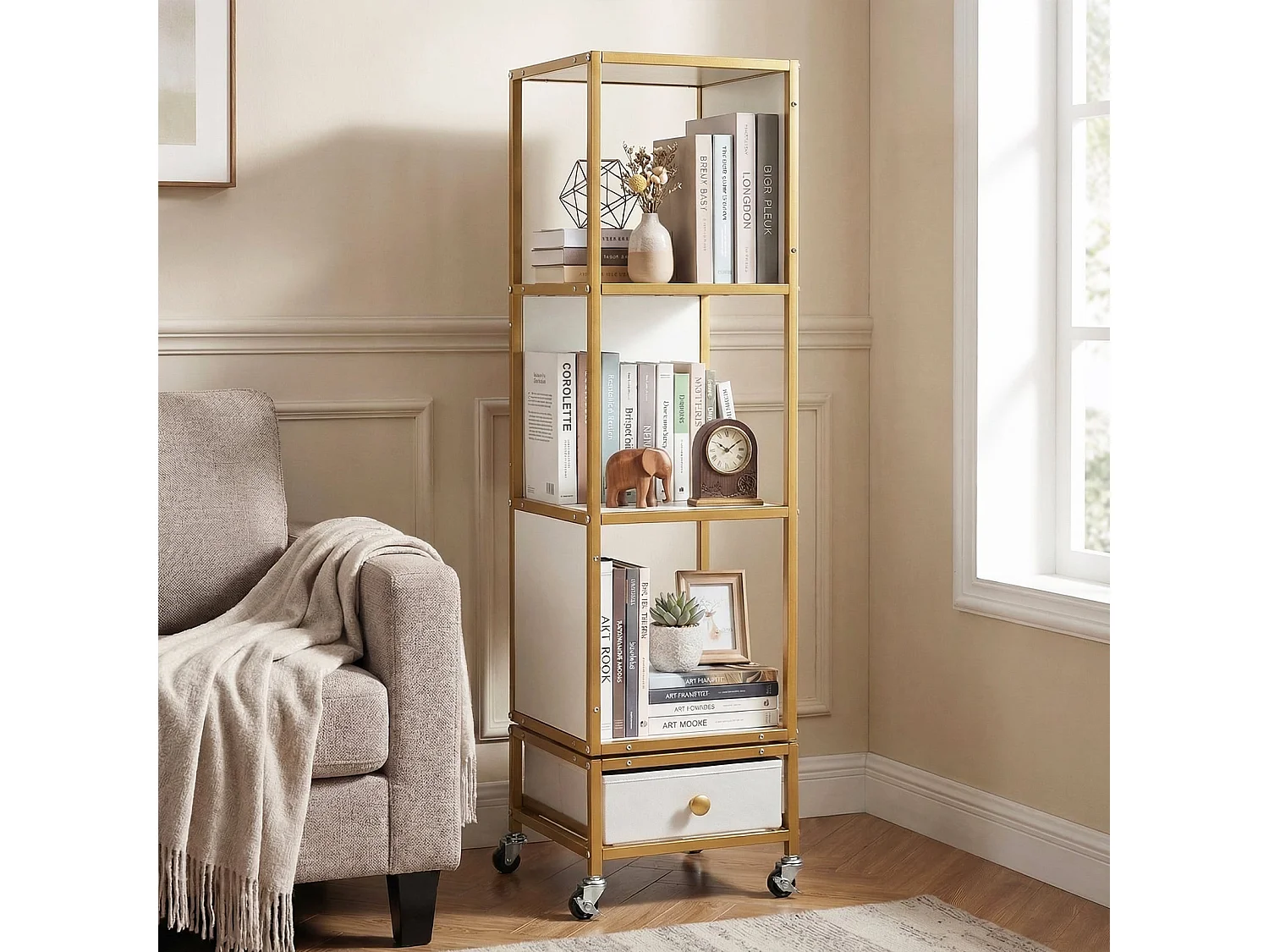 Scaffale a 4 piani su rotelle Libreria con piano in legno e cassetto in tessuto Carrello porta libri Bianco