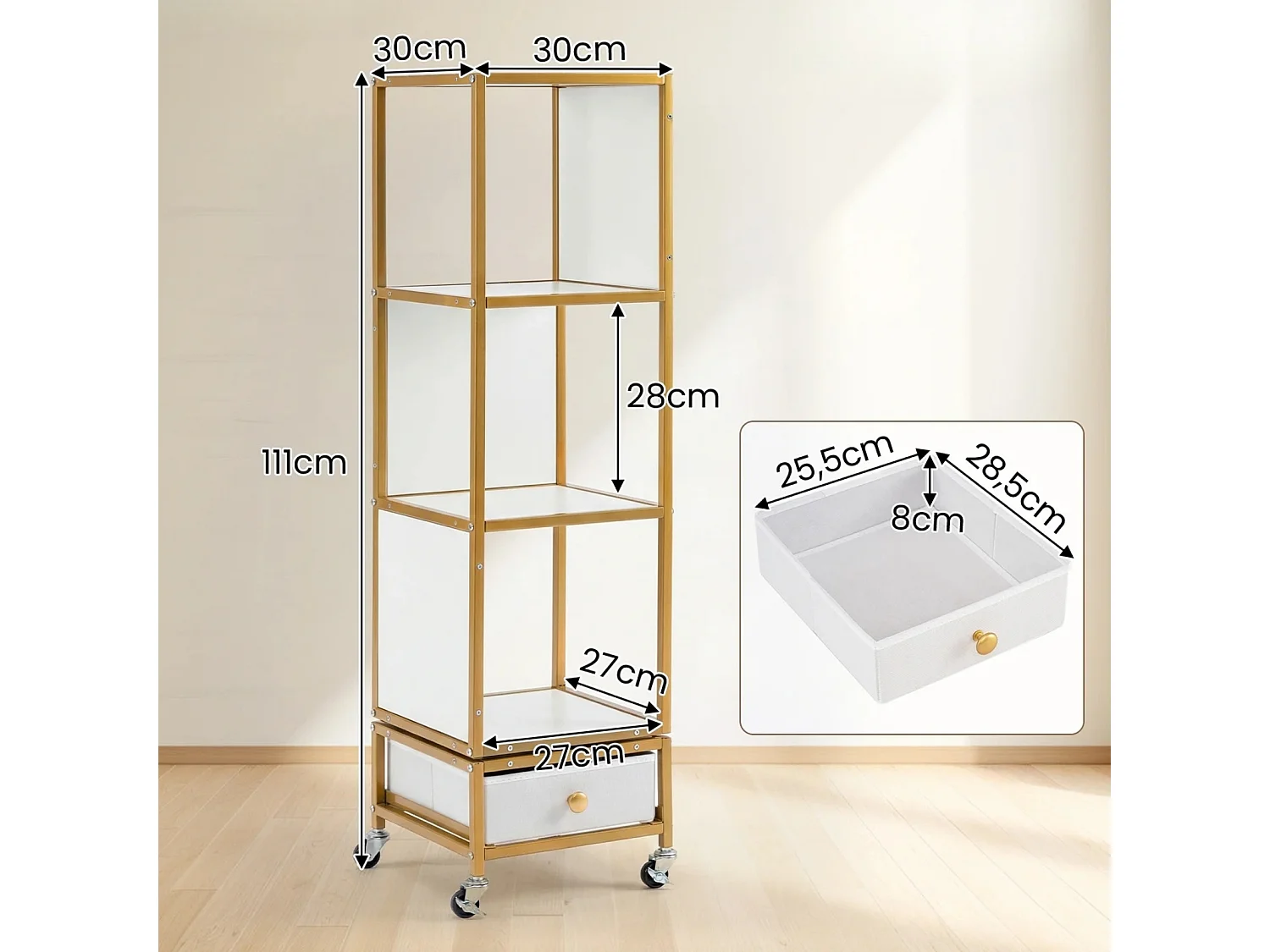 Scaffale a 4 piani su rotelle Libreria con piano in legno e cassetto in tessuto Carrello porta libri Bianco