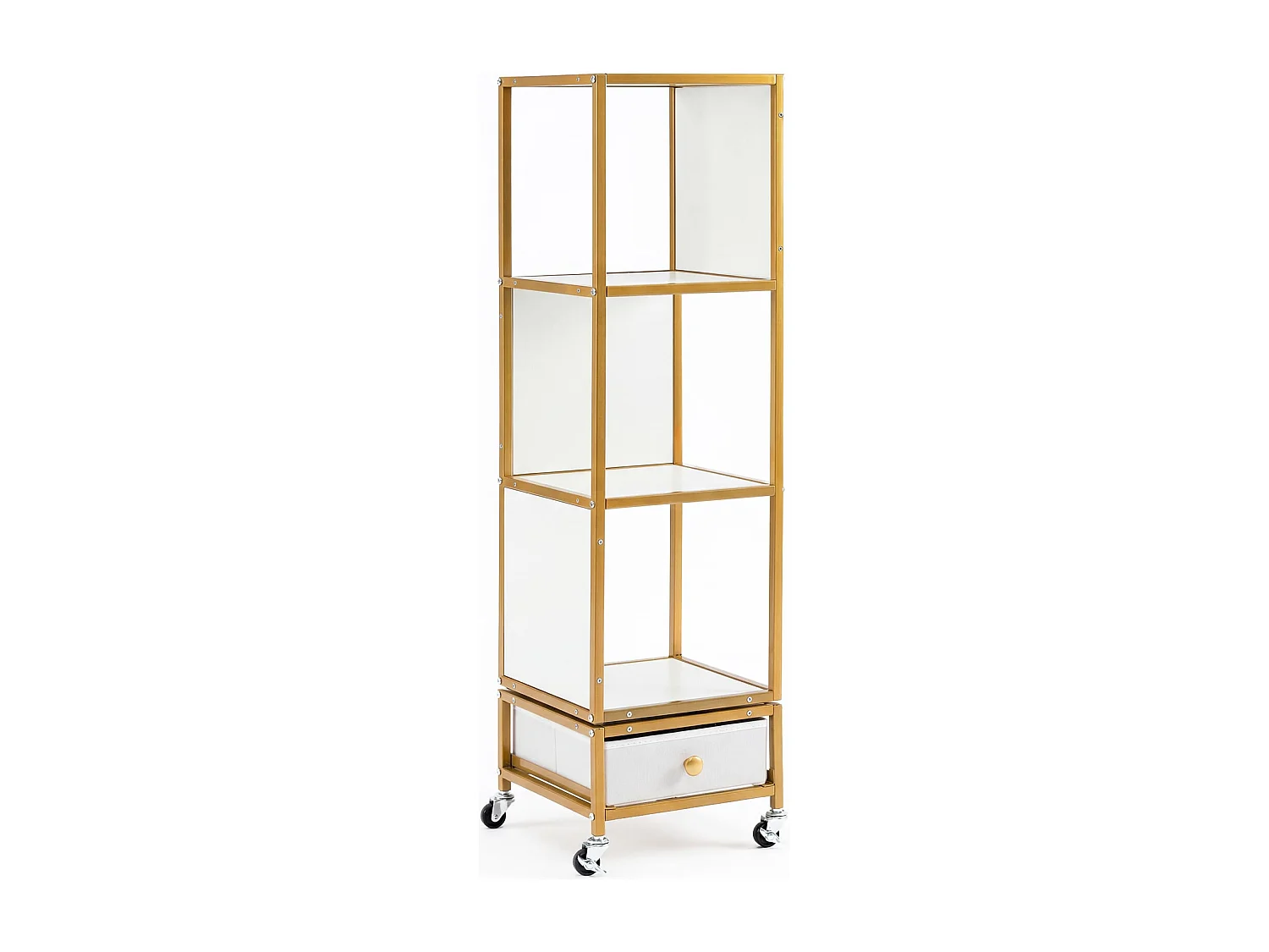 Scaffale a 4 piani su rotelle Libreria con piano in legno e cassetto in tessuto Carrello porta libri Bianco