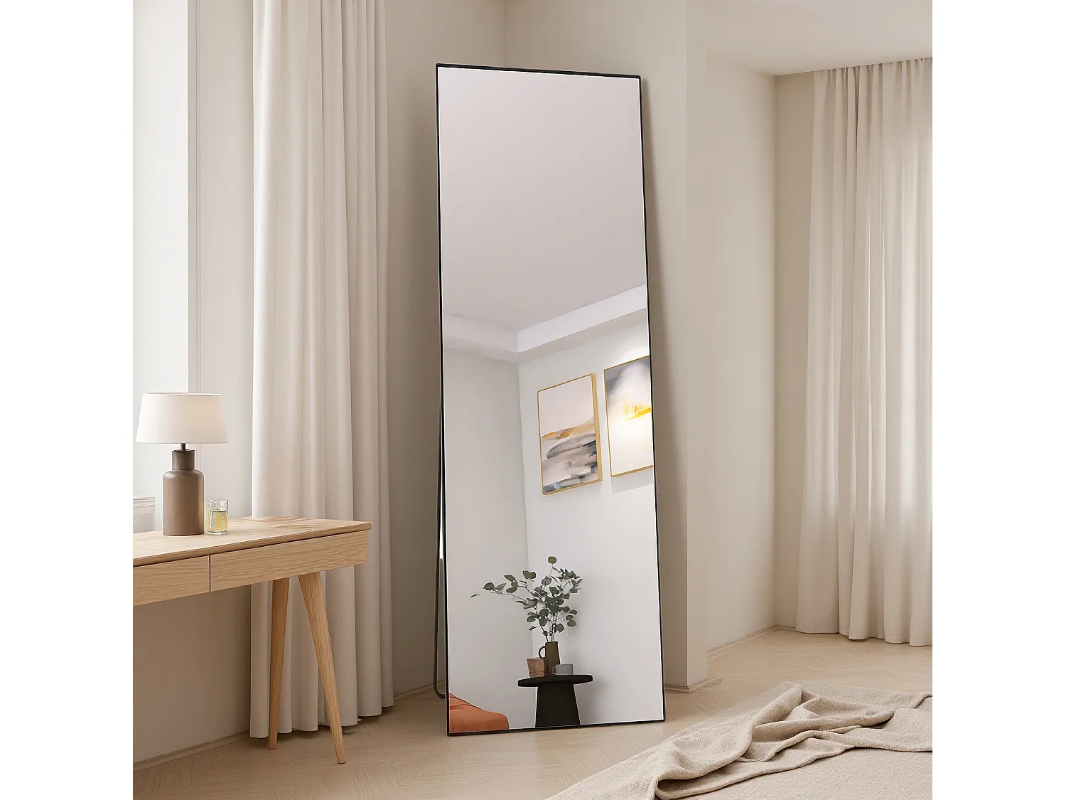 Miroir Sur Pied Rectangulaire 162 X 53 Cm, Miroir Mural Et Sur Pied Avec Cadre En Aluminium, Verre Trempé, Noir, Pour Une Chambre
