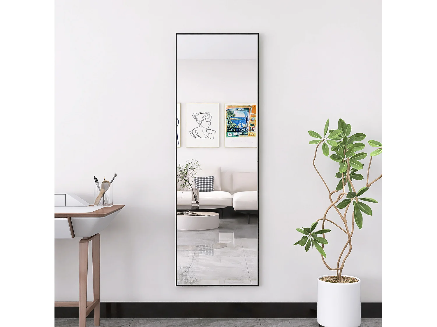 Miroir Sur Pied Rectangulaire 162 X 53 Cm, Miroir Mural Et Sur Pied Avec Cadre En Aluminium, Verre Trempé, Noir, Pour Une Chambre