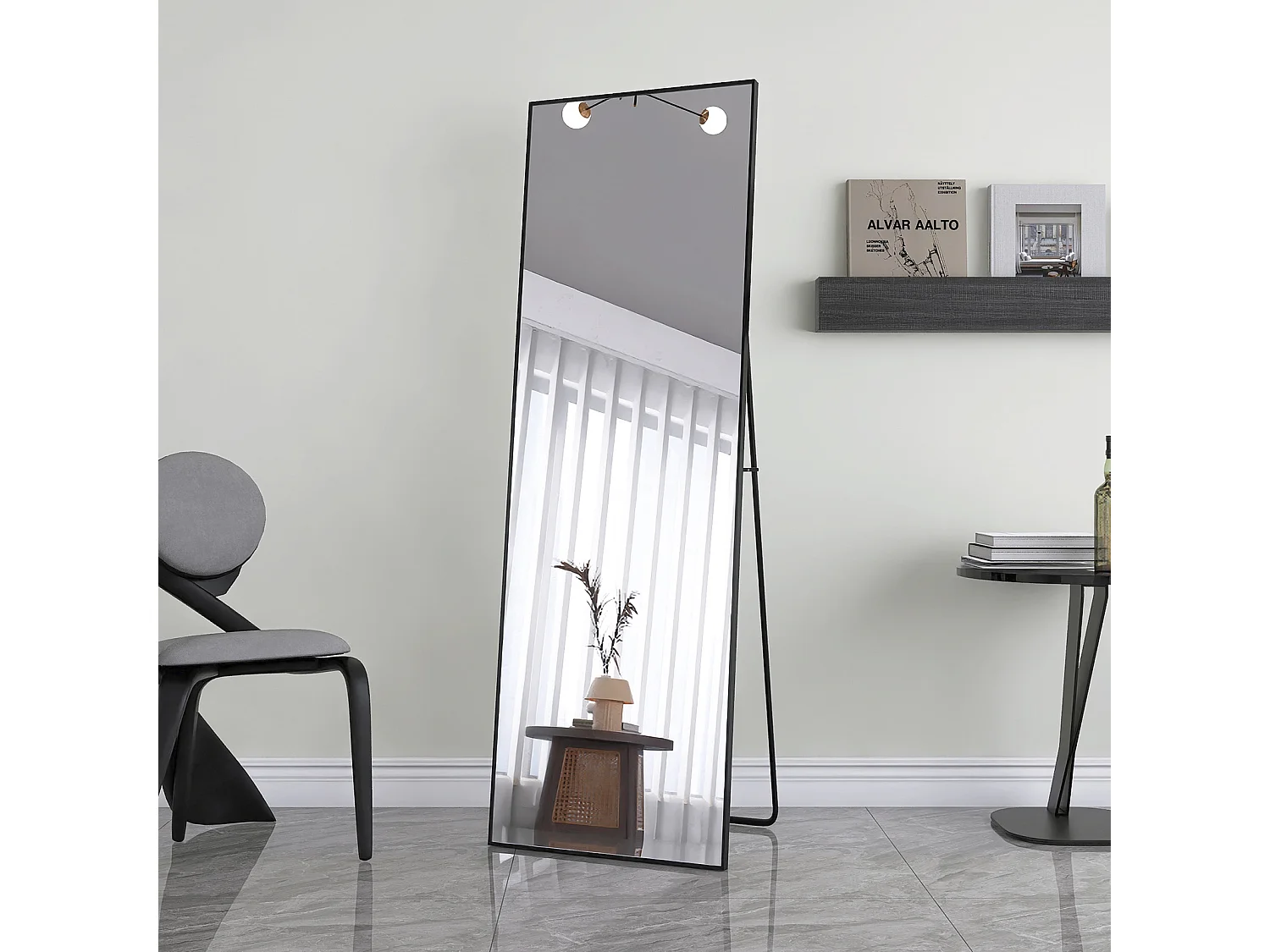 Miroir Sur Pied Rectangulaire 162 X 53 Cm, Miroir Mural Et Sur Pied Avec Cadre En Aluminium, Verre Trempé, Noir, Pour Une Chambre