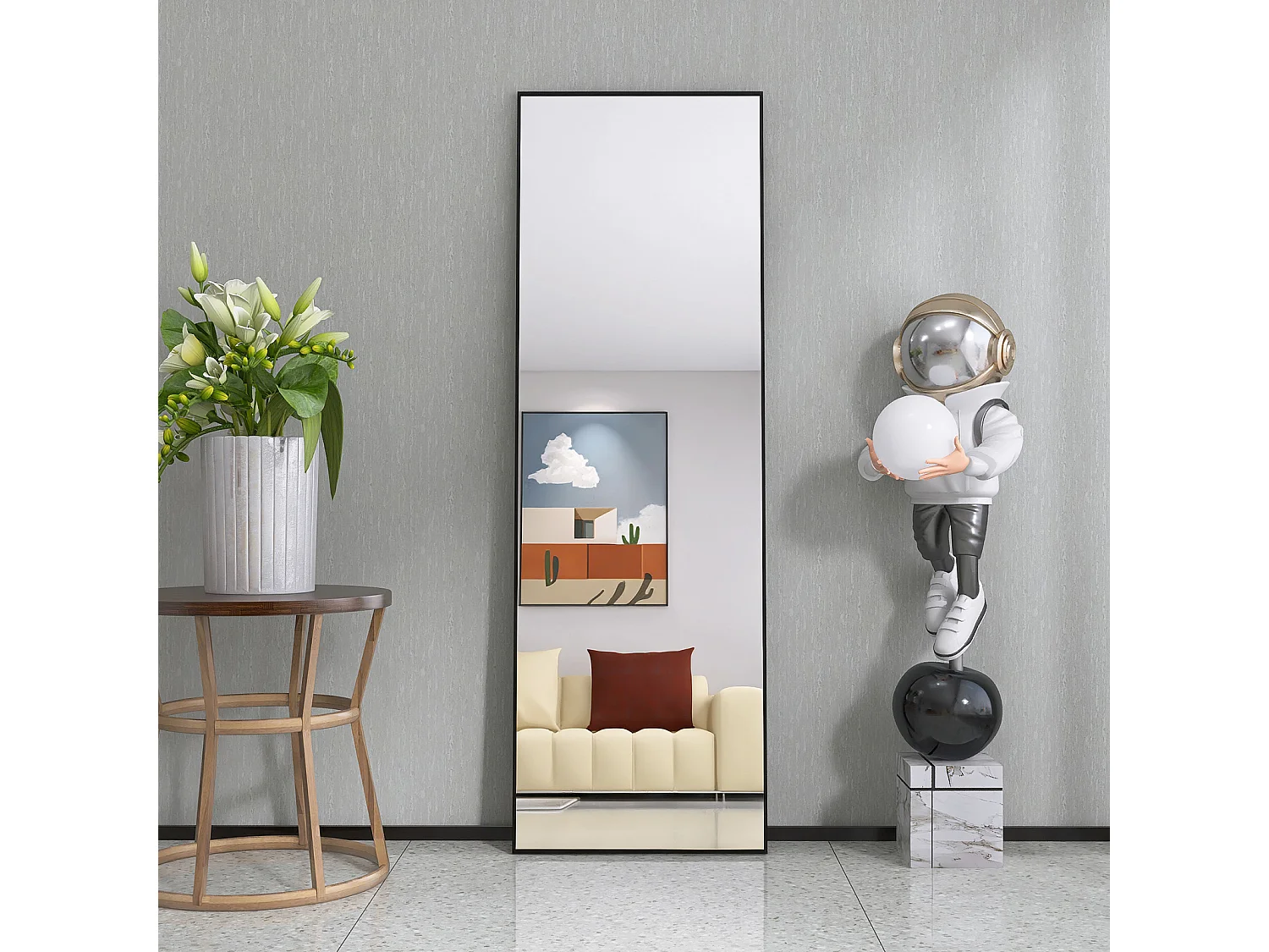 Miroir Sur Pied Rectangulaire 162 X 53 Cm, Miroir Mural Et Sur Pied Avec Cadre En Aluminium, Verre Trempé, Noir, Pour Une Chambre