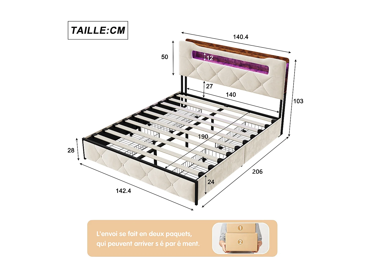 Lit coffre en velours - 140x190cm - avec éclairage LED, port USB et 4 tiroirs - tête de lit avec espace de rangement - Beige