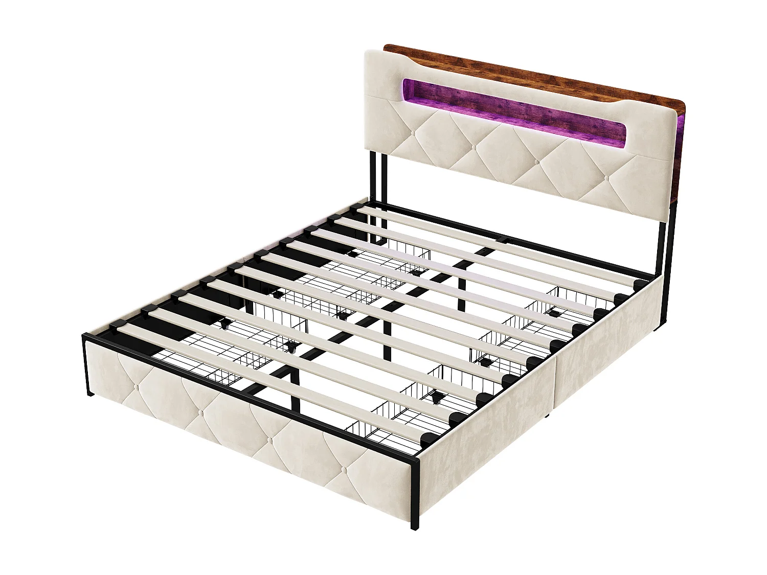 Lit coffre en velours - 140x190cm - avec éclairage LED, port USB et 4 tiroirs - tête de lit avec espace de rangement - Beige