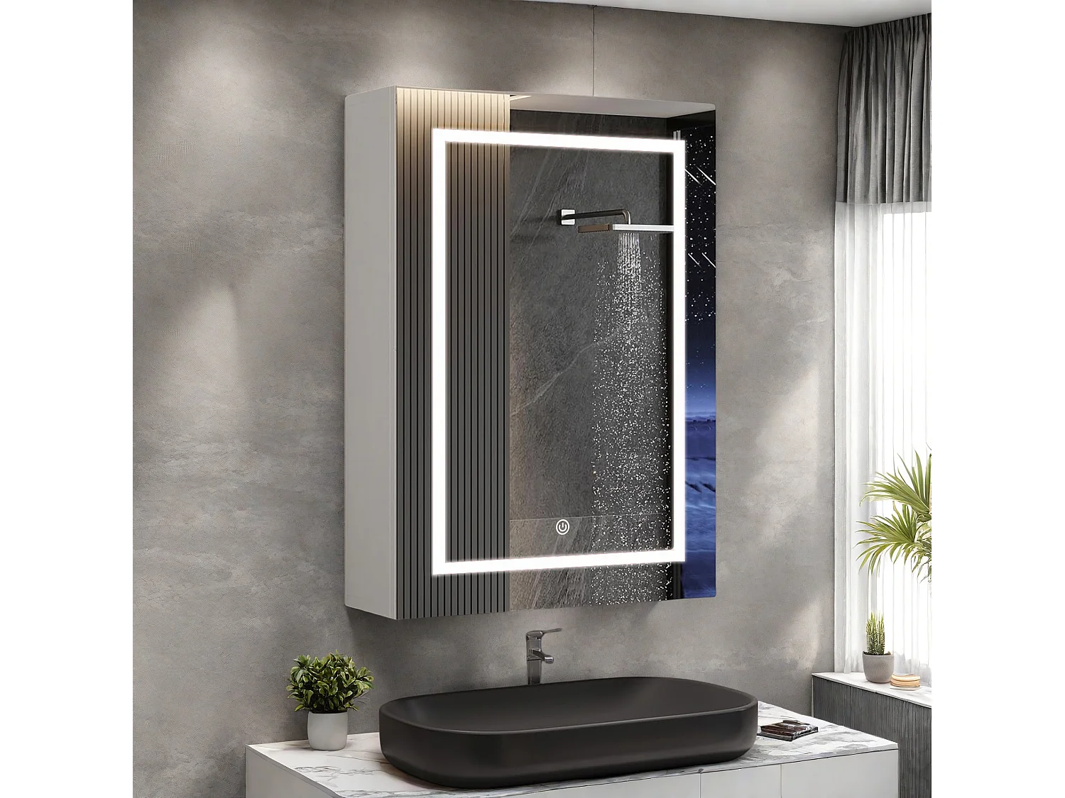 Meuble de Salle de Bain avec Miroir et Éclairage LED, Miroir HD à Une Porte, Étagère Réglable, Interrupteur Tactile, 50 x 12,5 x 70 cm