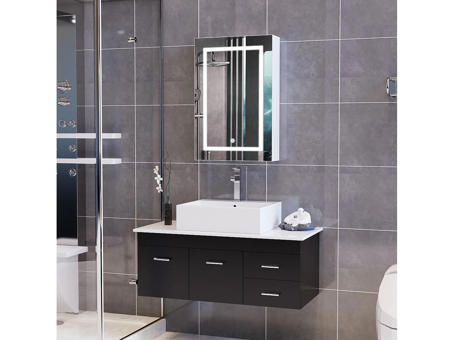 Meuble de Salle de Bain avec Miroir et Éclairage LED, Miroir HD à Une Porte, Étagère Réglable, Interrupteur Tactile, 50 x 12,5 x 70 cm