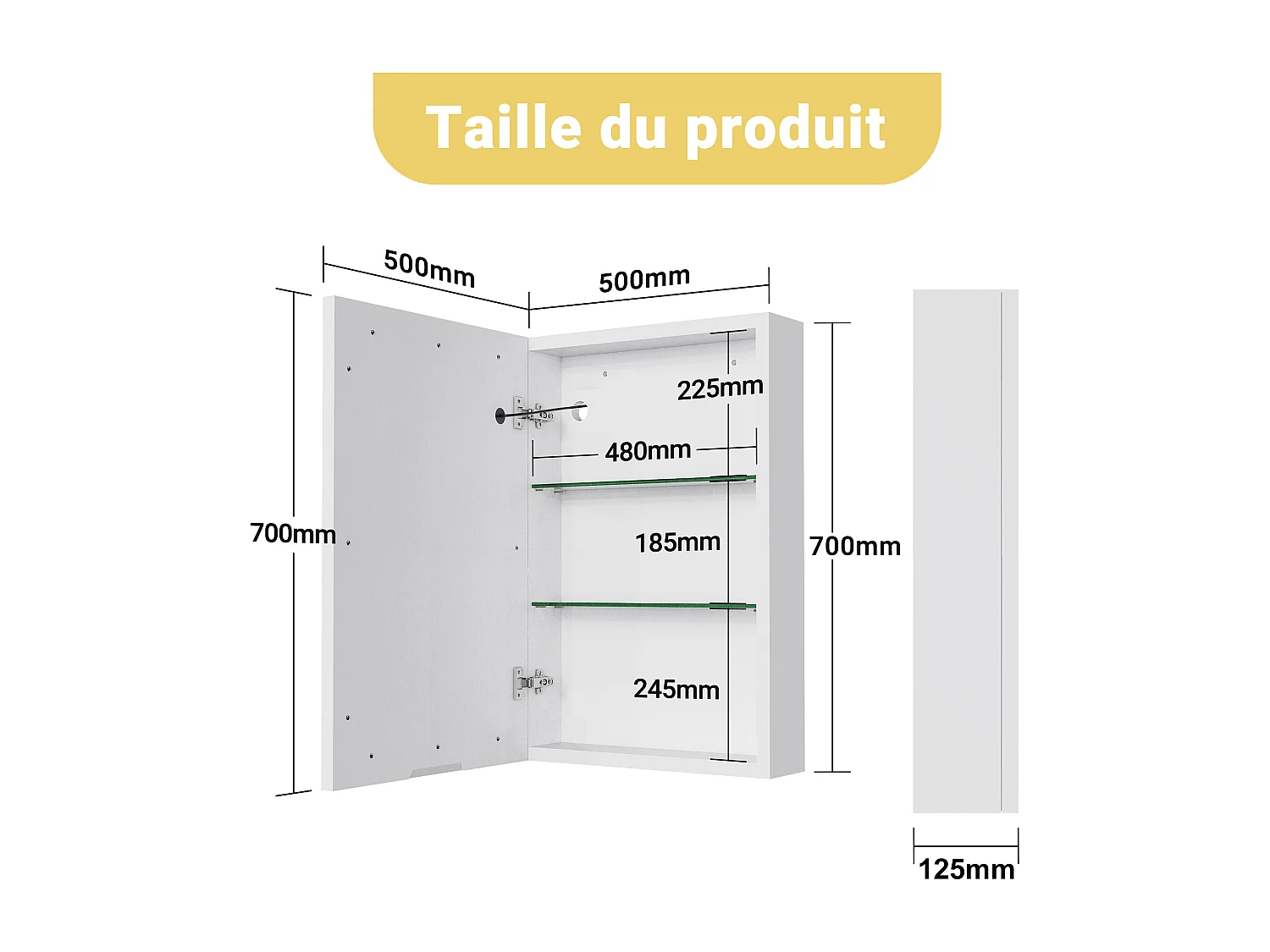 Meuble de Salle de Bain avec Miroir et Éclairage LED, Miroir HD à Une Porte, Étagère Réglable, Interrupteur Tactile, 50 x 12,5 x 70 cm